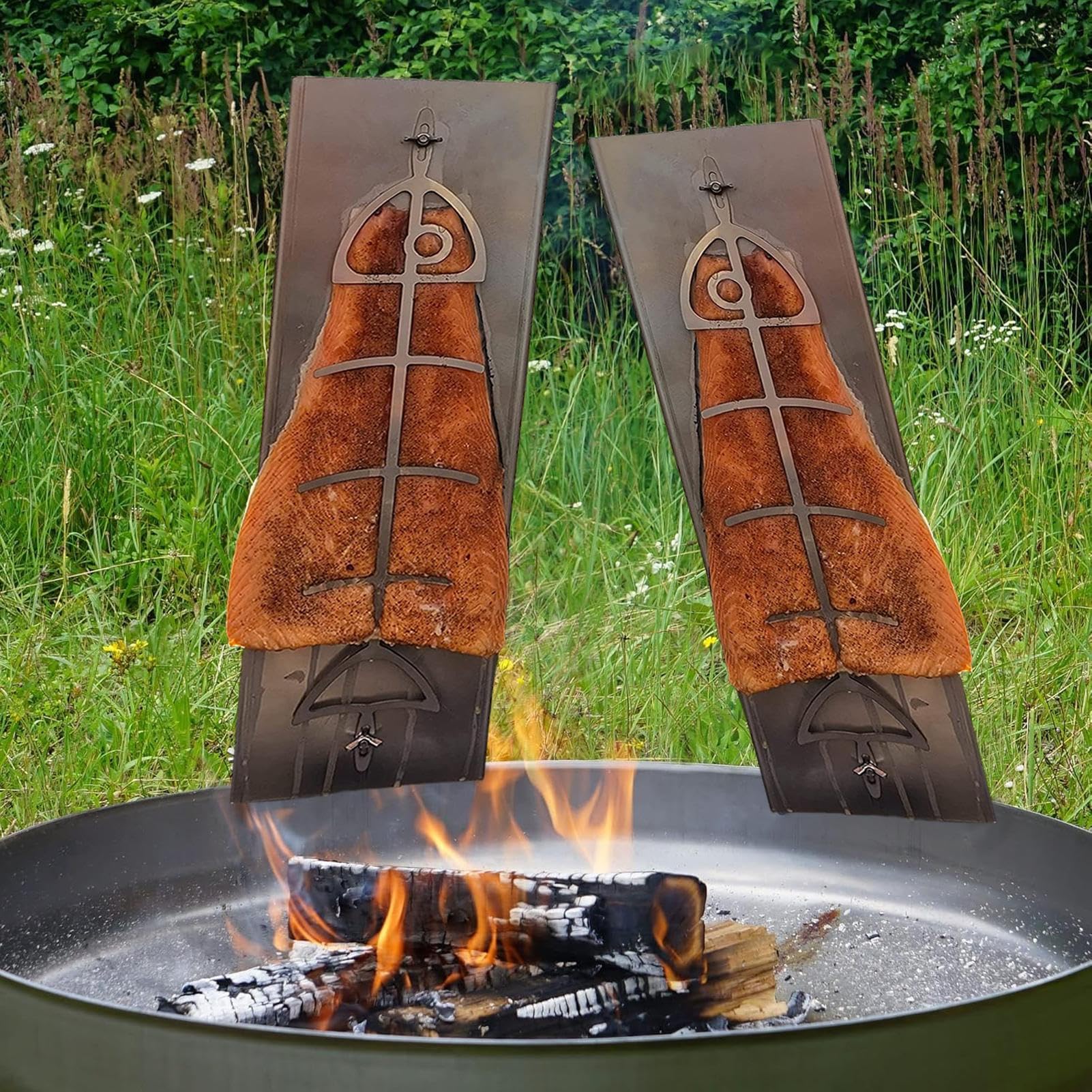 Sujetador de salmón al Fuego de Acero Inoxidable Utensilio de Cocina y | Soporte plano portátil para salmón a la llama Accesorio de barbacoa de pesca, picnic y jardín