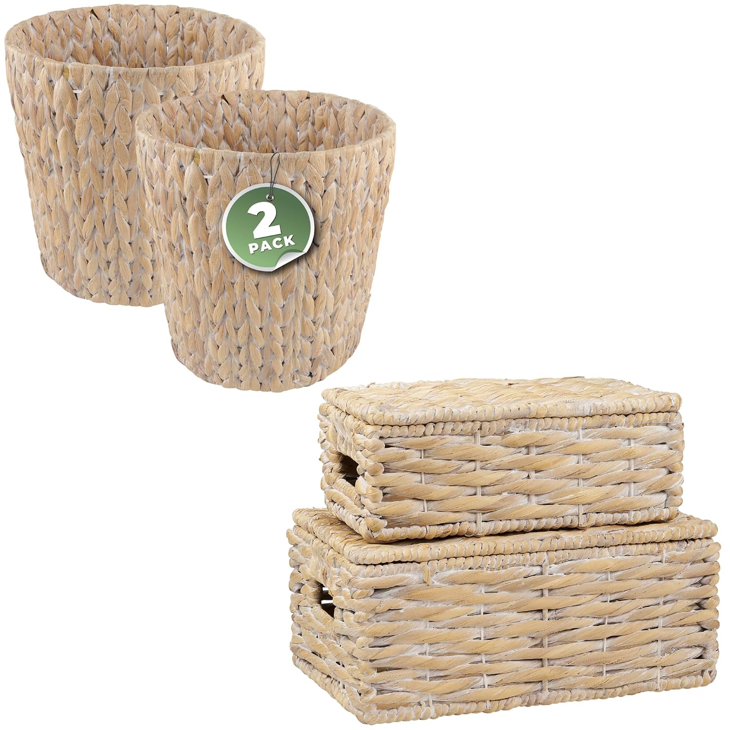 84ECO 2-Pack 3-Gallon Wicker Trash Cans and Set of 2 Decorative Storage Boxes with Lids, White