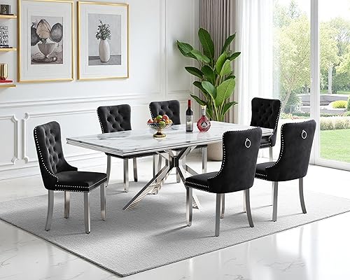 Miniatura 19 de Goujxcy Juego de mesa de comedor de mármol para 6 mesas de comedor modernas de mármol sintético de 7 piezas con 6 sillas tapizadas de terciopelo