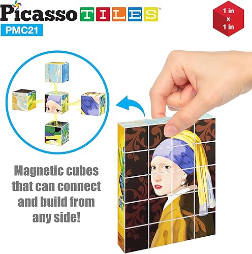 Miniatura 6 de PicassoTiles - Cubos de construcción magnéticos de rompecabezas de 1 pulgada, bloques de arte famoso mundial popular con marco gratis, juguetes