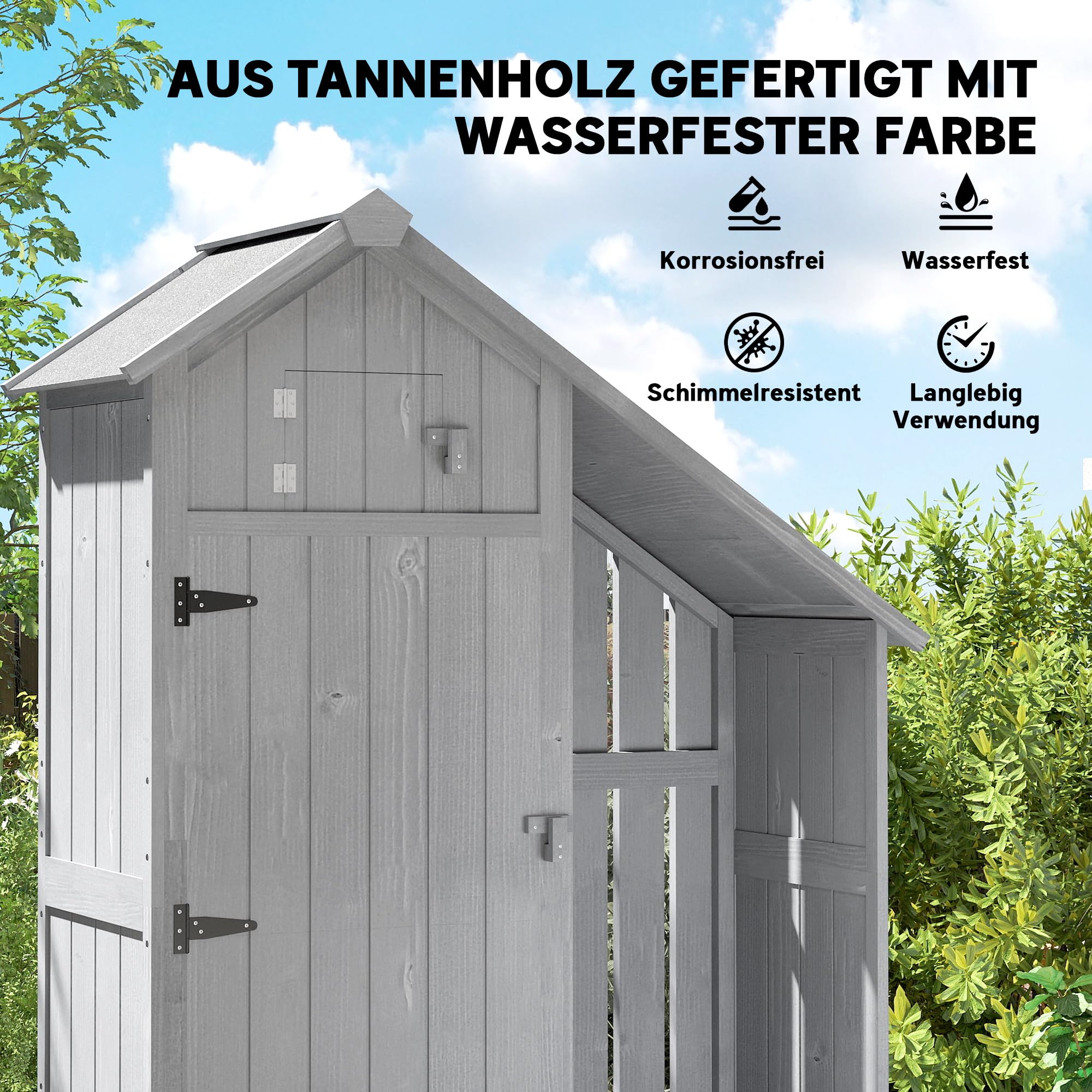 Outsunny Armoire de jardin en bois d'extérieur - Résistant aux intempéries - Avec toit en asphalte - Étagère - Armoire de rangement polyvalente pour jardin, terrasse - 129 x 51,5 x 180 cm - Gris
