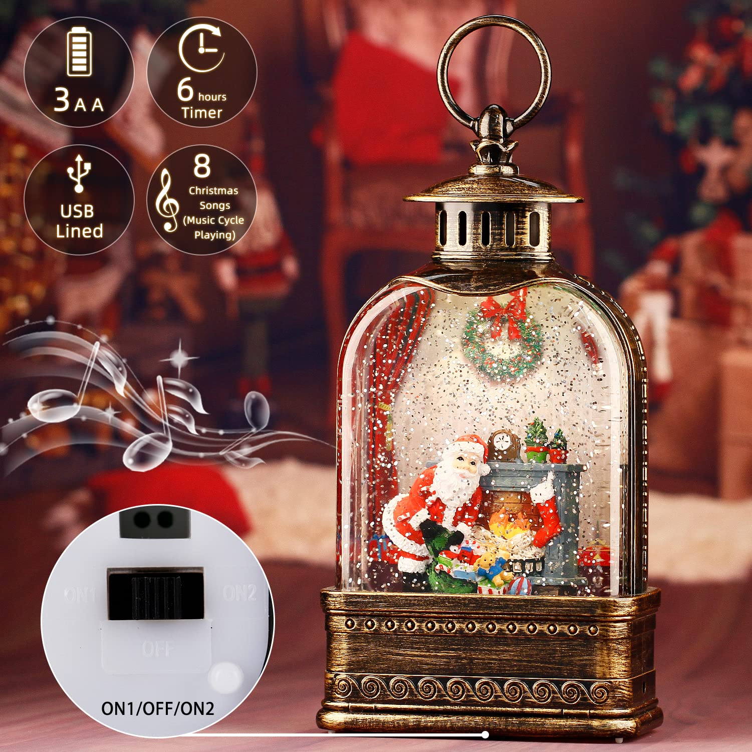 Boule à Neige Lumineuse De Noël Avec Musique Et Paillettes Tourbillonnantes - Alimentation USB/piles - Minuterie 6h - 8,2x19 Cm