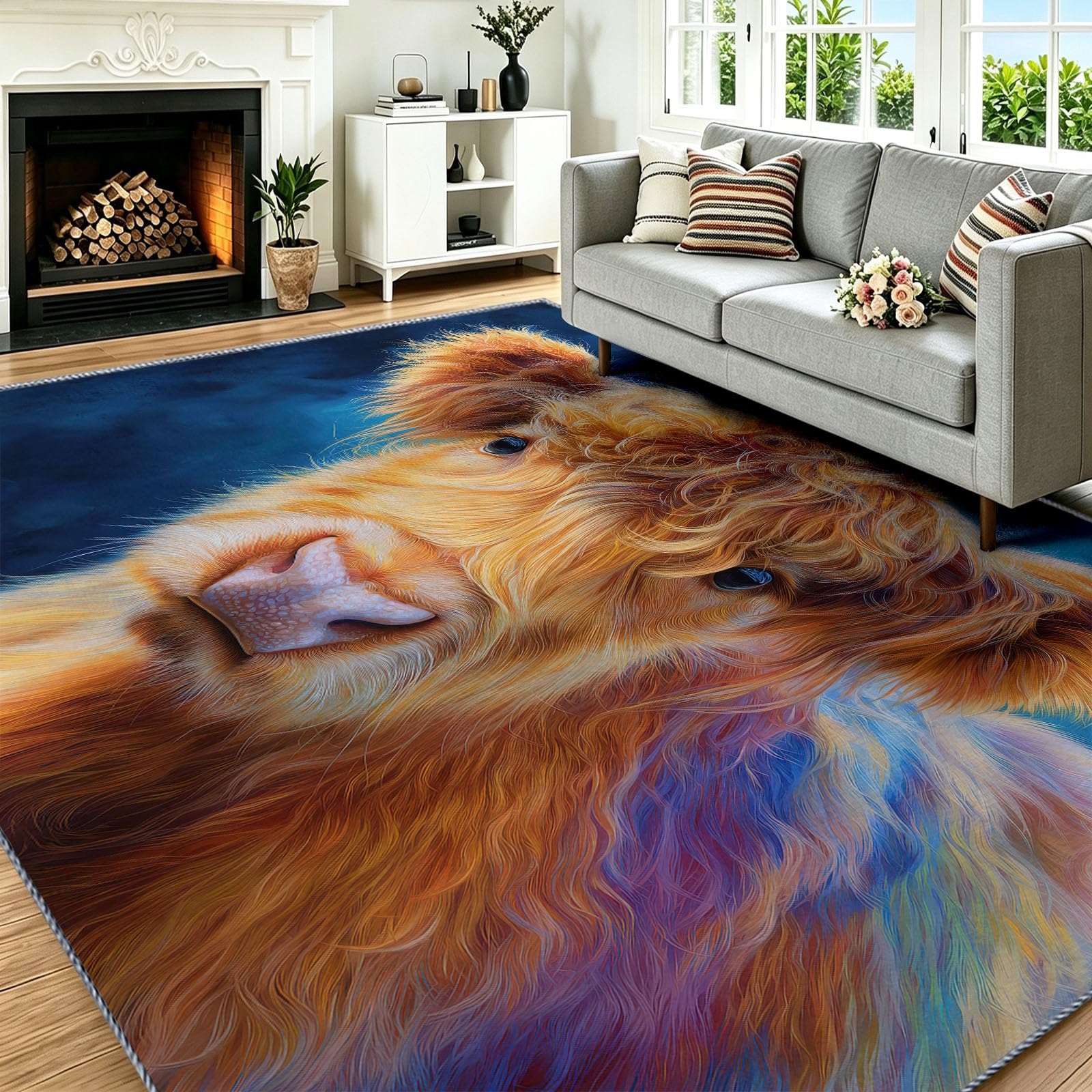 Tapis lavable 160 x 230 grand salon imprimé floral bleu vache des highlands