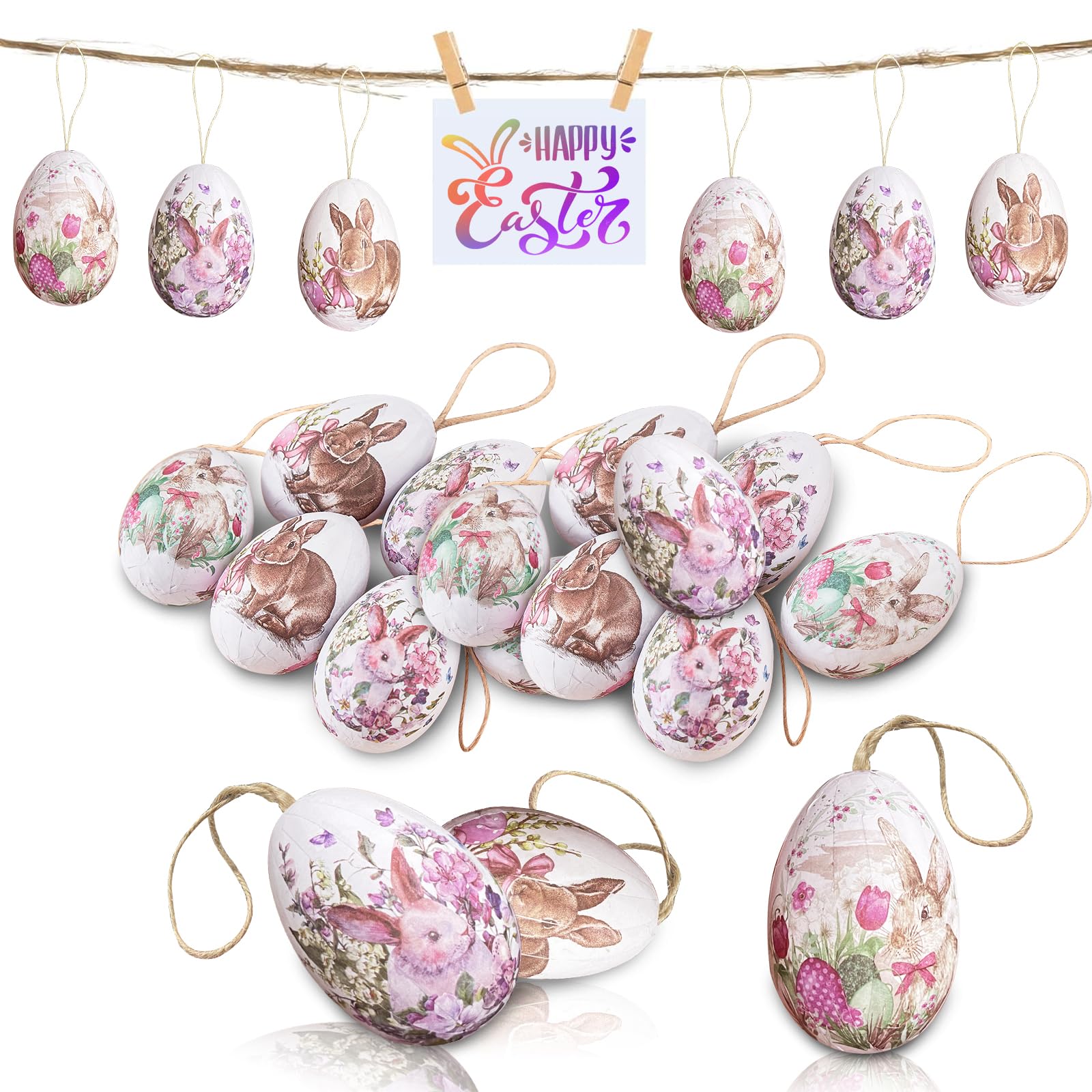 24 Uova Di Pasqua Decorative Da Appendere | Set Elegante Con Nastri Per Decorazioni - 5