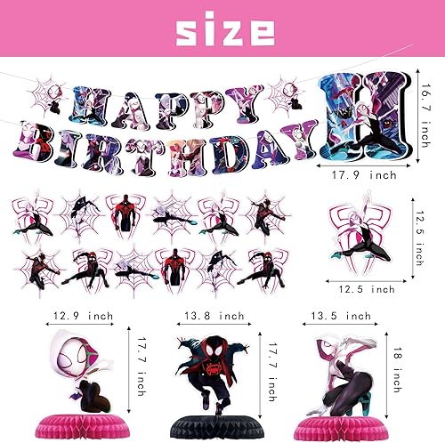 Miniatura 2 de Suministros para fiesta de cumpleaños de araña fantasma, suministros de fiesta de Miles Morales, incluye pancartas de feliz cumpleaños, remolinos