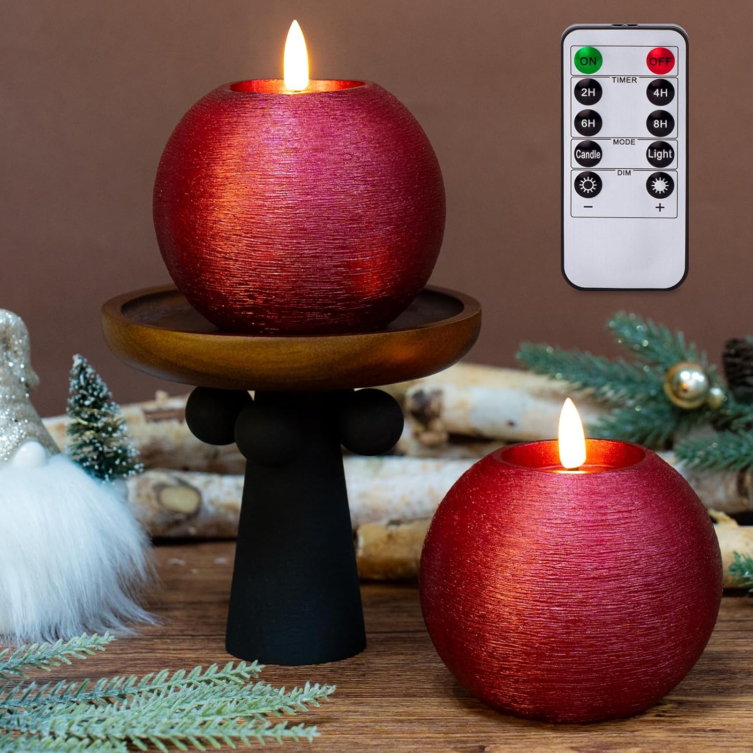Red Glitter Battery Operated Round Candles with Timer, Flickering Real Wax LED Flameless Ball Candles for Christmas Party Home Decor Table Centerpieces, Set of 2 (4 Inch)