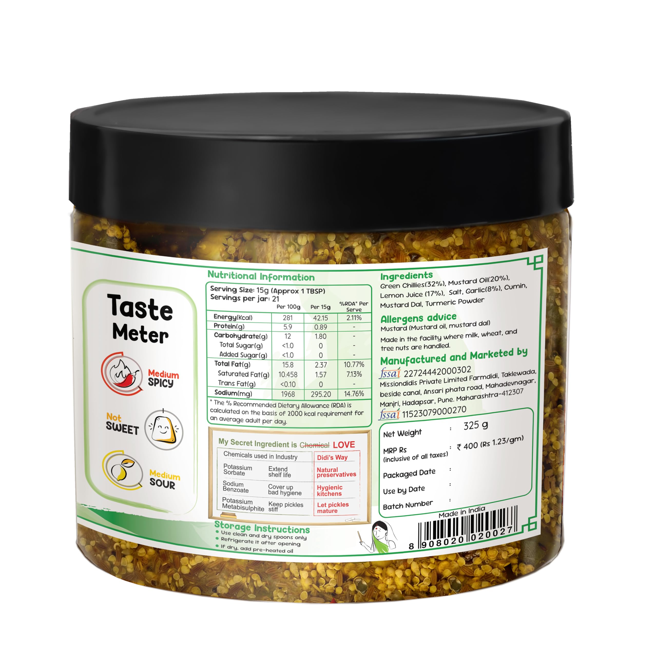 FarmDidi Spicy Green Chilli Pickle 325g In Fresh Homemade Sun-Dried Hari Mirch Ka Achar Made With Mustard Oil Ghar Ka Bana Spicy Mirchi Pickle No Chemical Preservatives