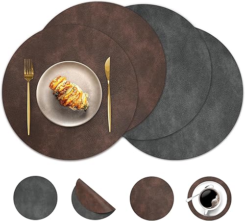 Miniatura 14 de Juego de 6 manteles individuales redondos y posavasos, manteles individuales reversibles lavables de cuero sintético con patrón de cuero de vaca,