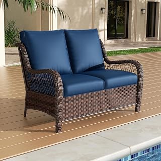 Outdoor Wicker 2 Seater Sofa, All-Weather Use Patio Rattan Loveseat with Seat and Back Cushion, Ideal for Porch, Backyard, Balcony, Poolside, Blue