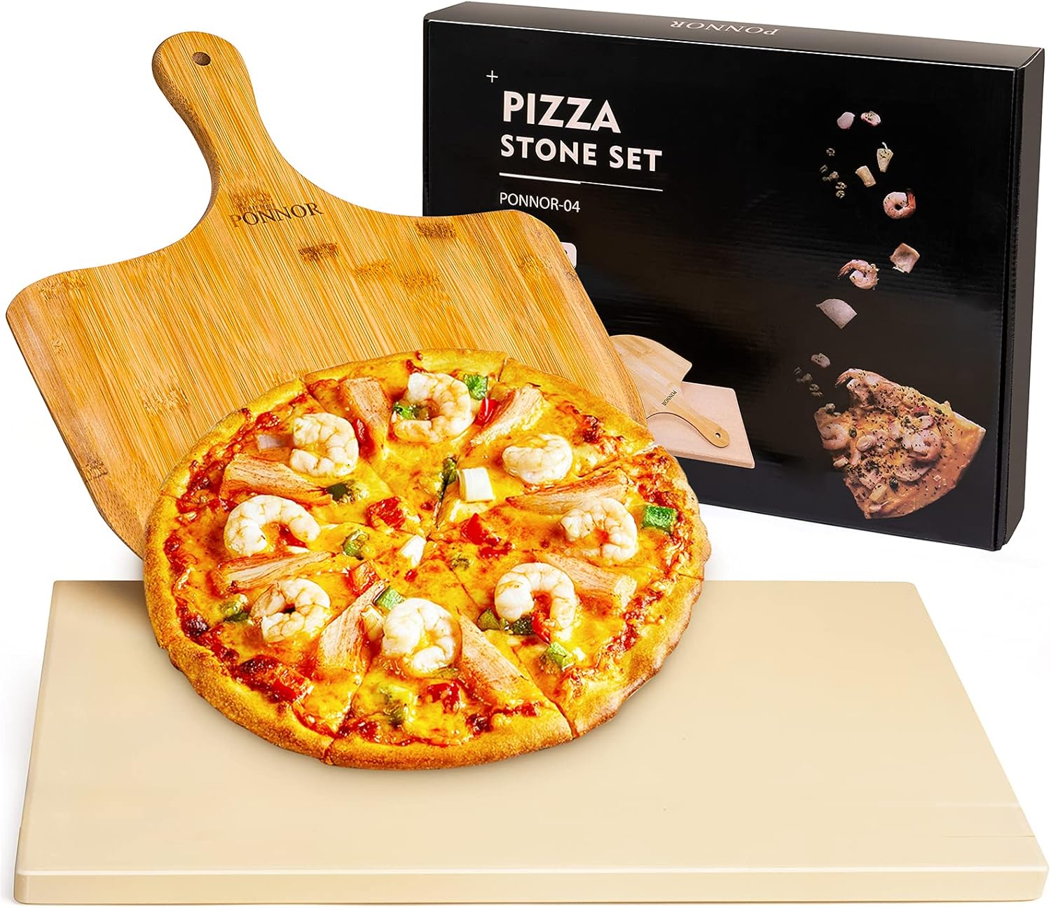 Amazon.co.jp PONNOR ピザストーンパン ピザピールセット 竹材シャベル ハンドル付きピザカッティングボード オーブン