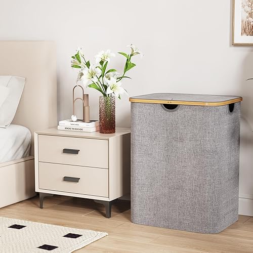 Miniatura 101 de Lifewit Cesta grande de 100 litros con tapa para ropa con asas de bambú y bolsa extraíble, plegable para dormitorio, baño, residencia universitaria