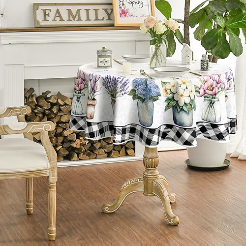 Miniatura 5 de Horaldaily Mantel redondo de primavera y verano de 60 x 60 pulgadas acuarela tulipán lavanda hortensias florero cubierta de mesa floral para fiesta