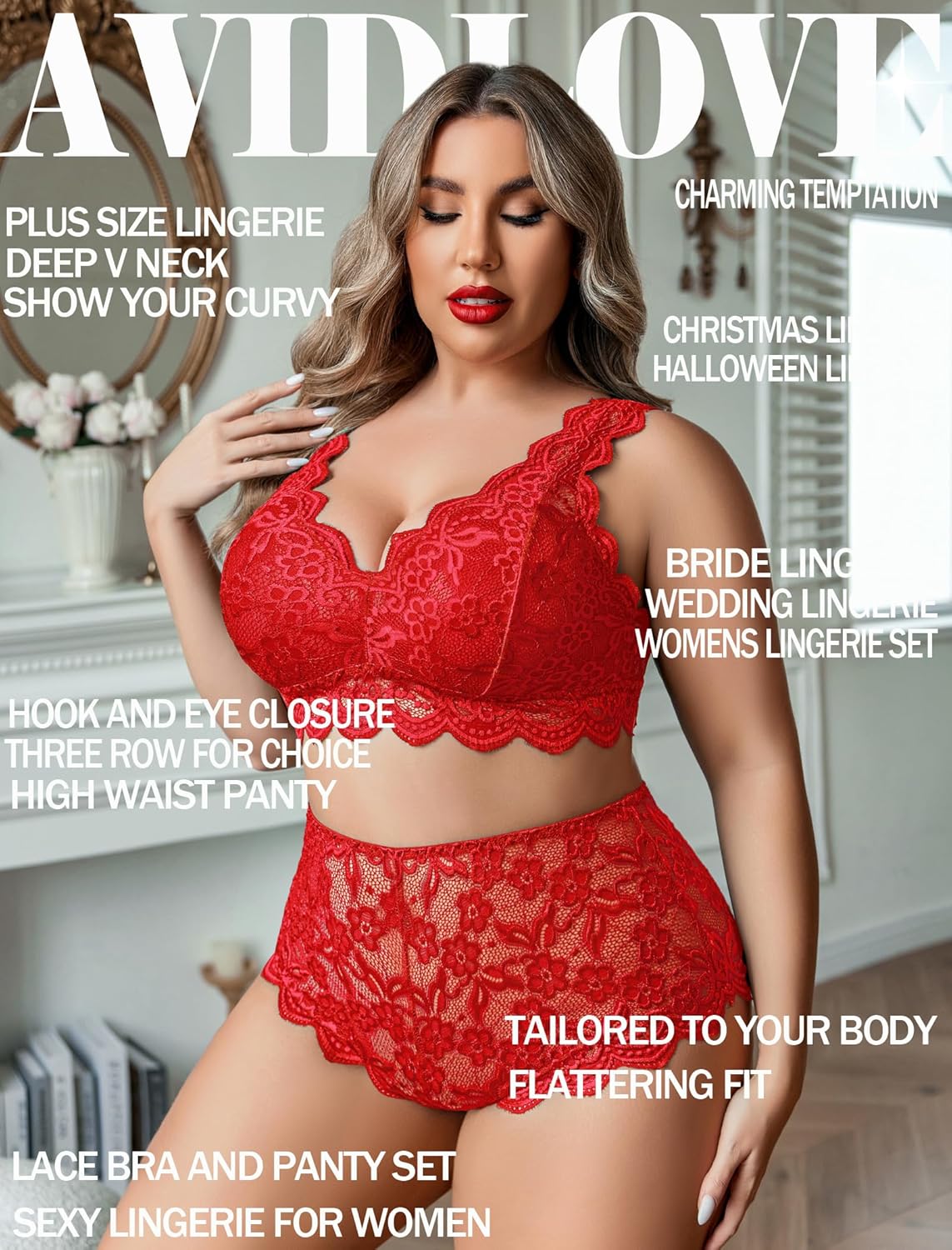 Avidlove Plus Size Lingerie Set for Women Sexy Lace Halter Bralette High Waist Panty Set - Image 2