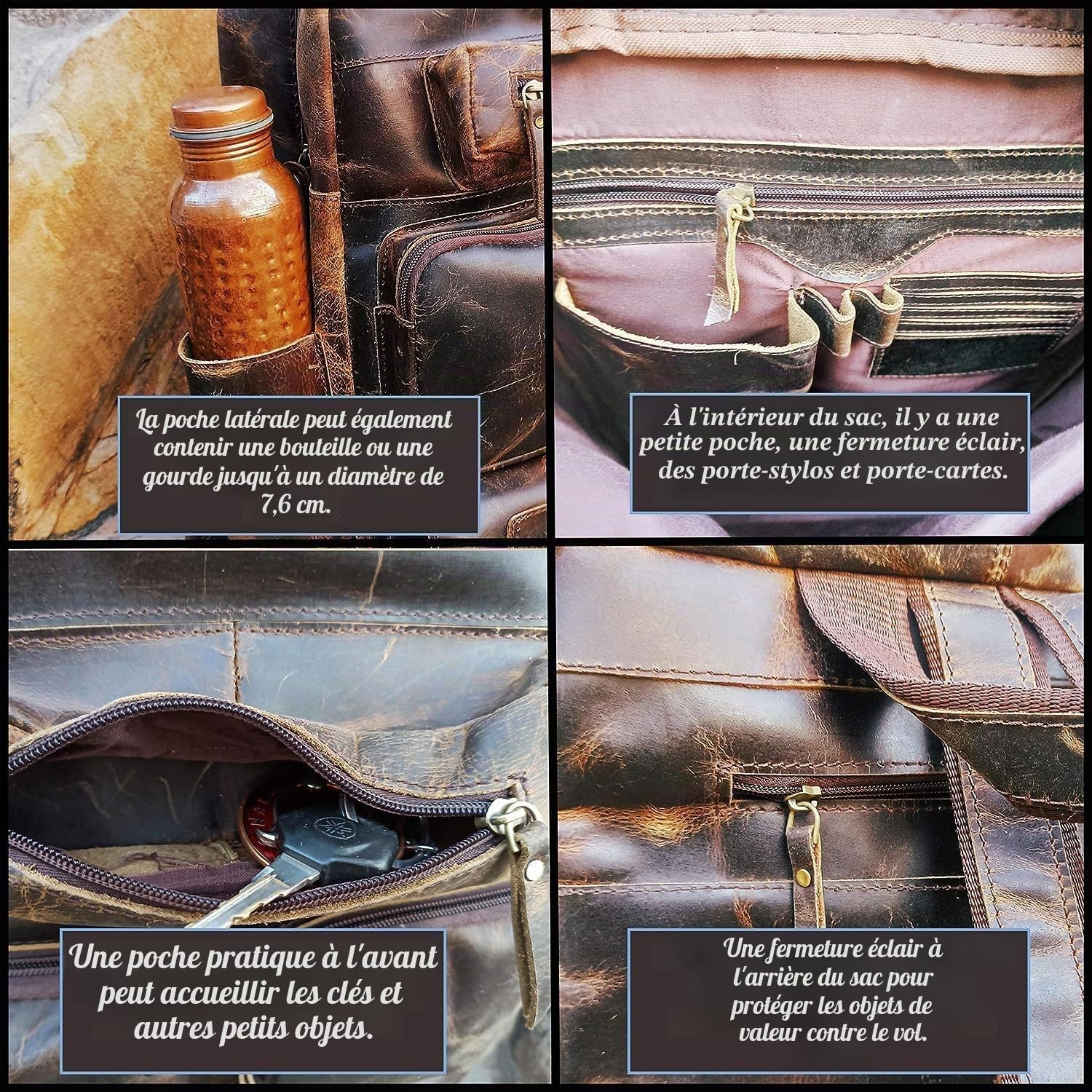 L & S Sac à dos en cuir de buffle multi-poches sac à dos de voyage pour ordinateur portable pour homme femme