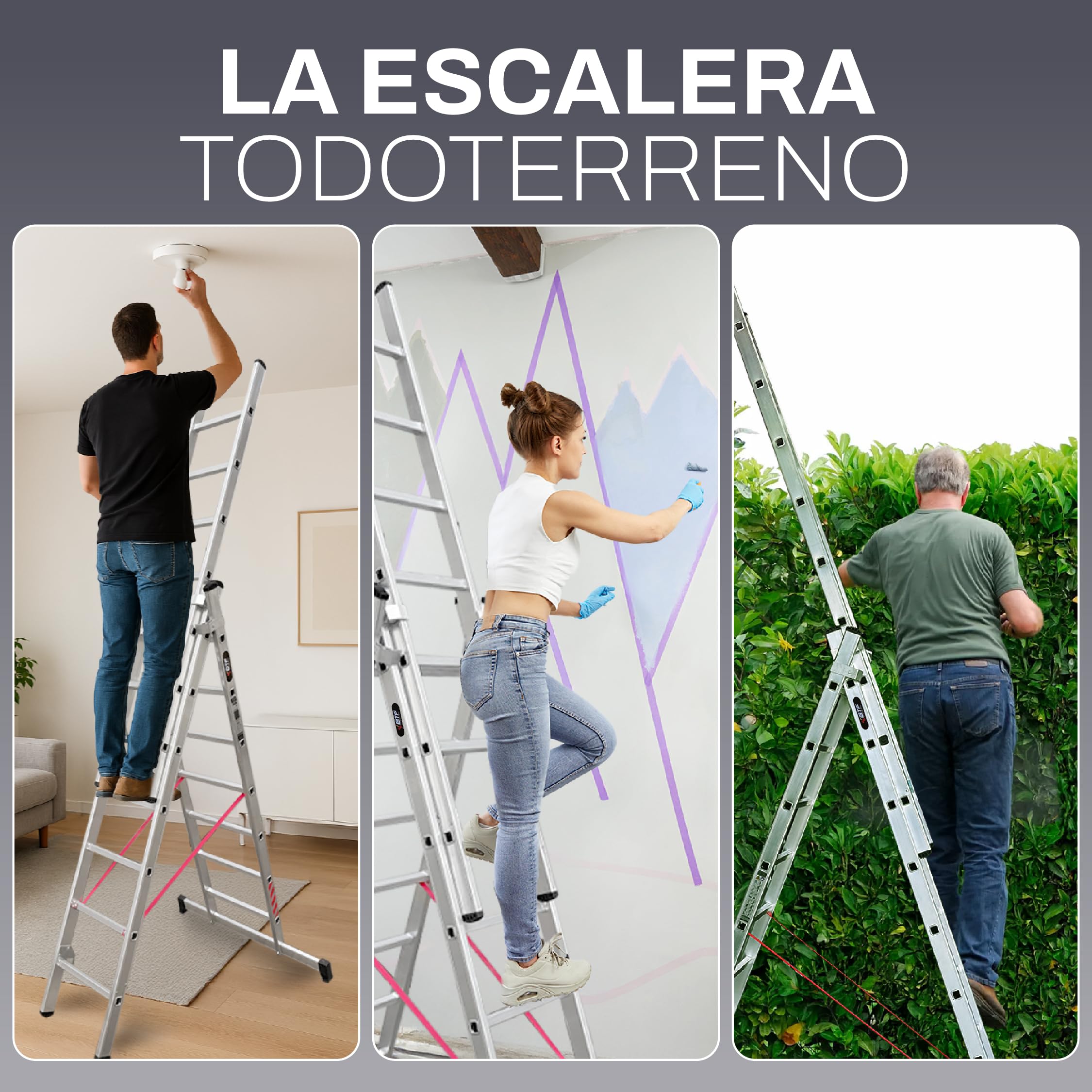 BTF Escalera de Mano Triple de Aluminio 3x9 Peldaños, Escalera Transformable y Extensible de 5,6m para Uso Doméstico, Barra Estabilizadora, Carga 150kg, Norma EN131