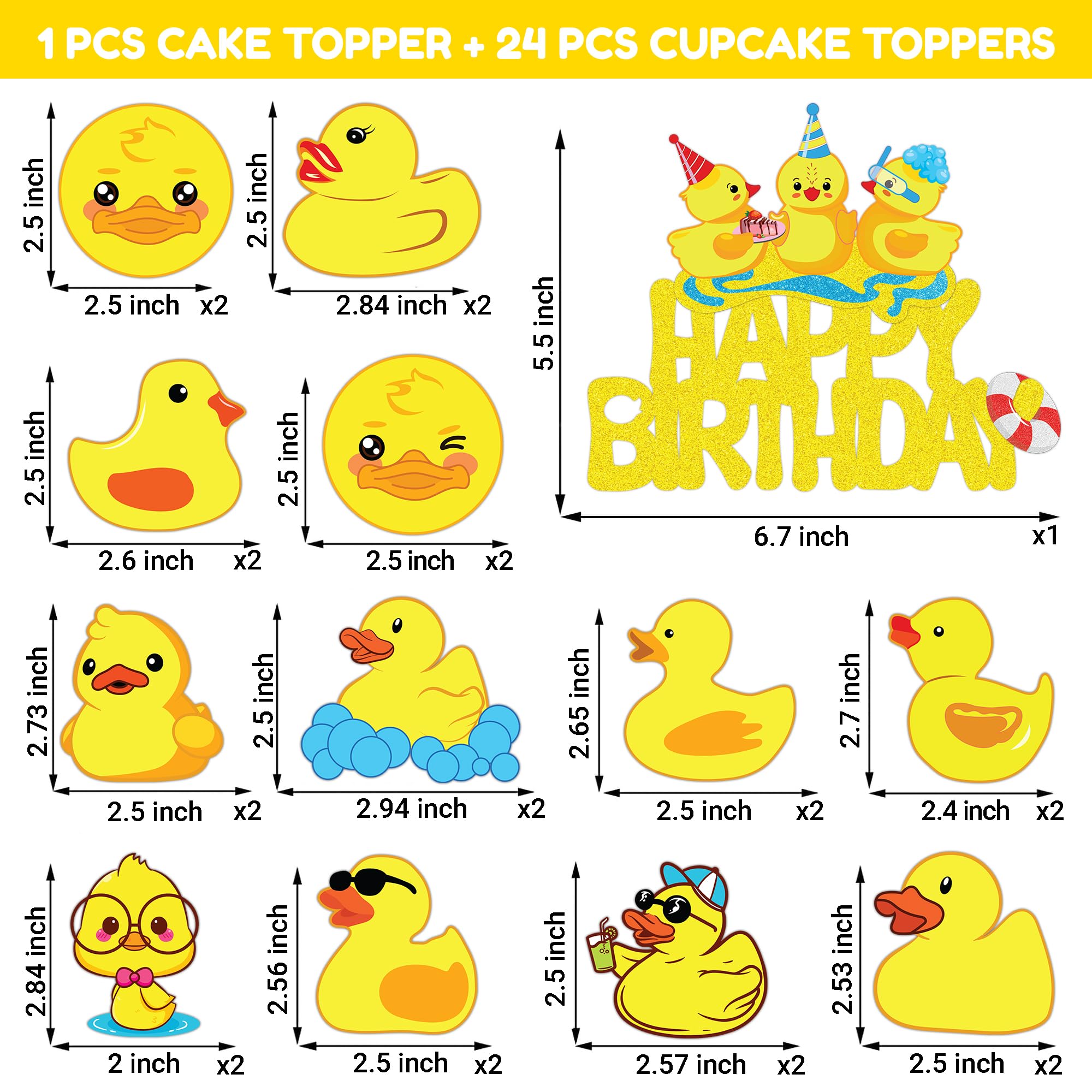 Duck Cake Topper Picks, 25 PCS Rubber Yellow Duck Cupcake Toppers Cake Decorations Ducky Farm Animal Theme Birthday Party Supplies Favors Decor Centerpiece Table for Boys Girls Carnival School Rewards