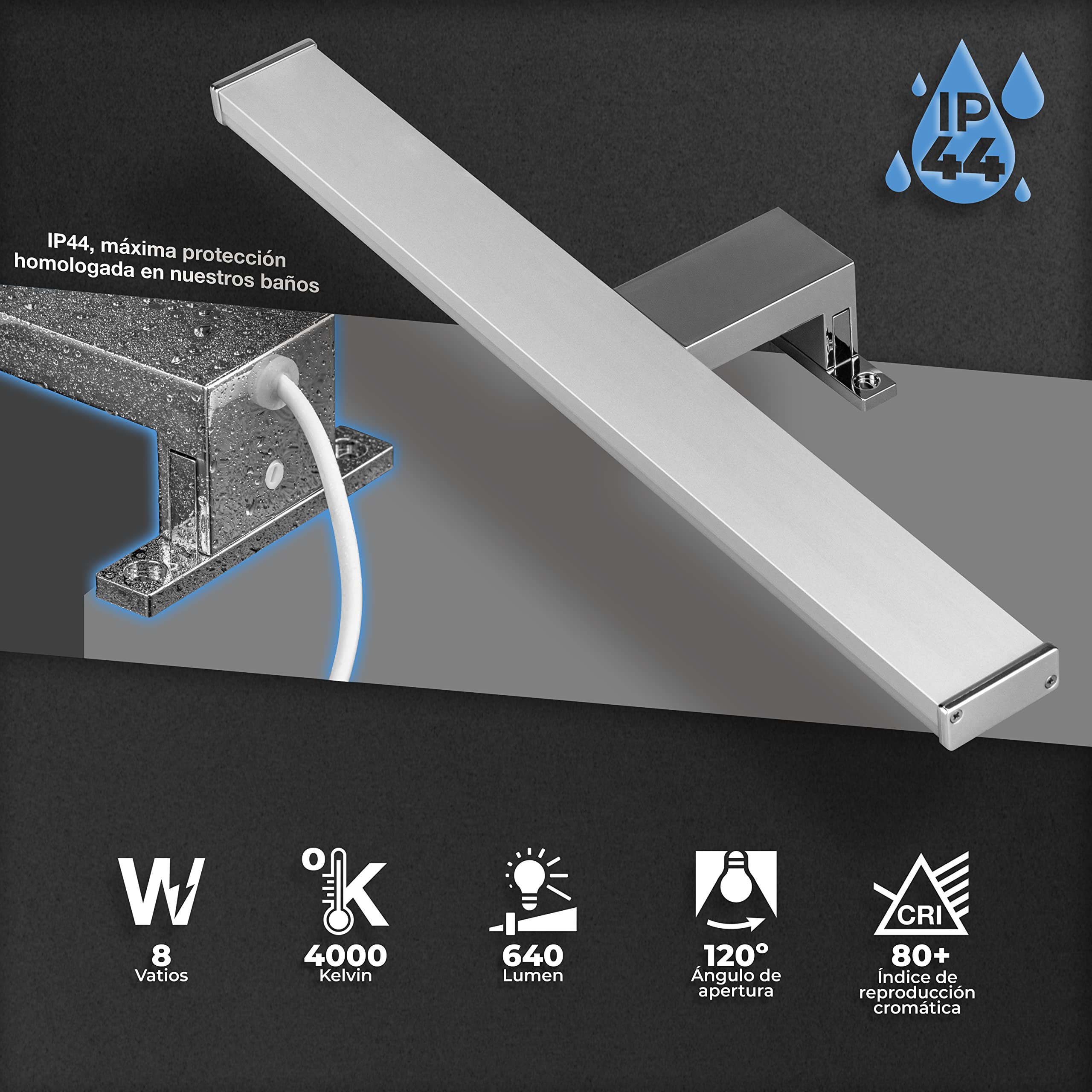 Popp- Lámpara Aplique LED de Espejo para Baño Instalación en espejos 40CM 220V 8W Luz Neutra 4000K Prueba de Agua IP44 Aluminio Cromado y PC (4000K, 8W)