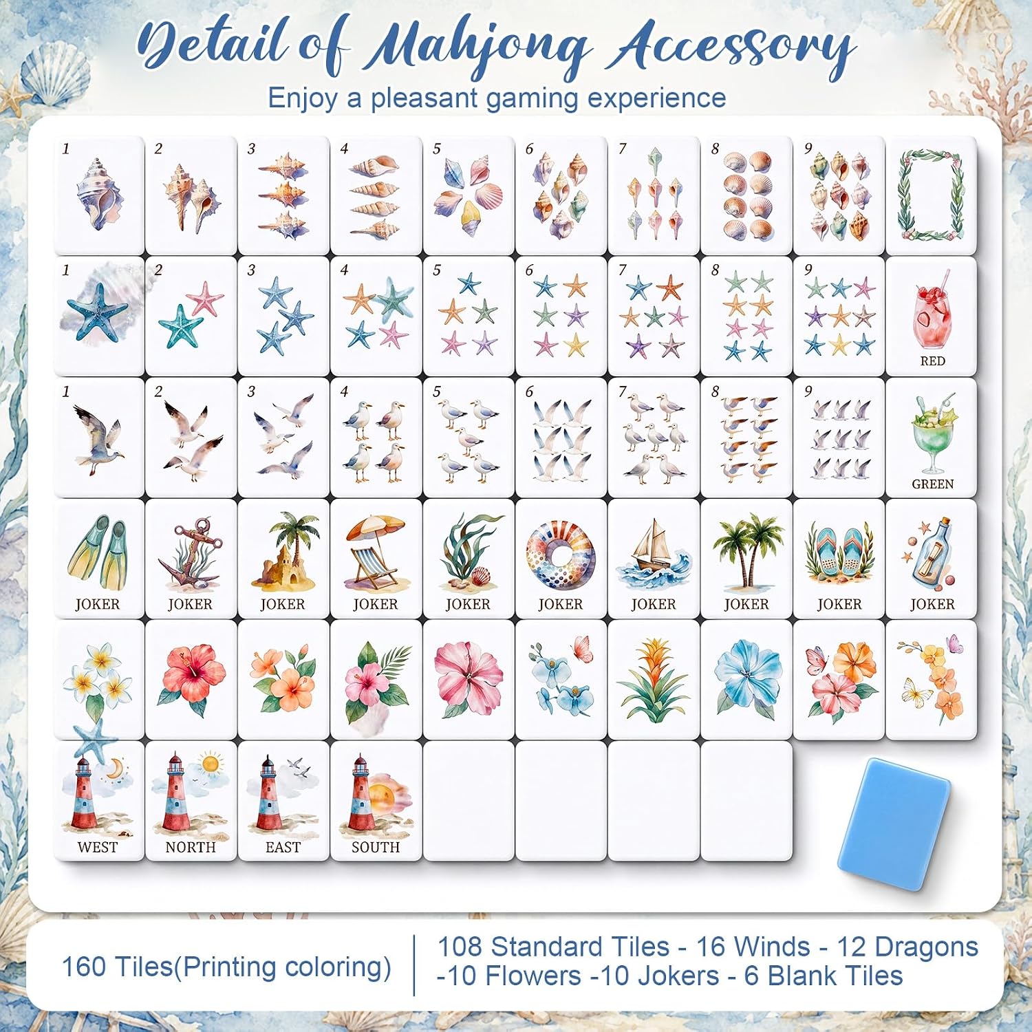 Thenshop 160 Pcs American Mahjong Tiles Set 1.2 Inch Coastal Watercolor Ocean Engraved Melamine Tiles with Blue Back for Mahjong Lovers Adult Social Beginner Friends and Family Game Night