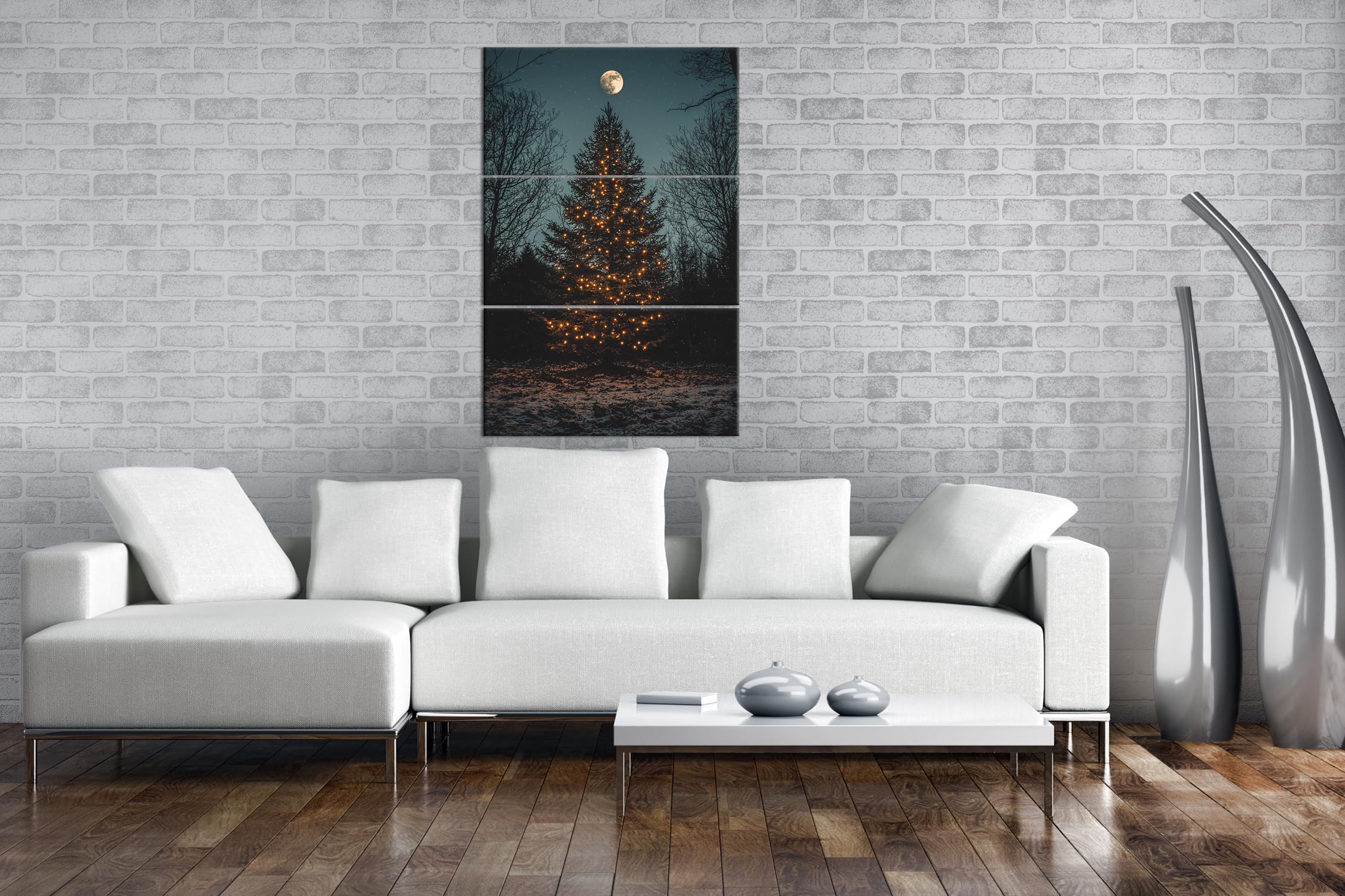 Sapin de Noël brillant sous la pleine lune pendant la nuit d'hiver Format : 120 x 80 cm (3 pièces) Impression d'art XXL sur cadre en bois/peinture murale/décoration de salon