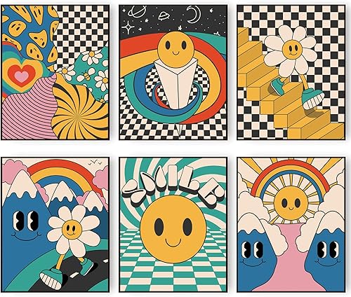 Admmixoo Arte de pared hippie vintage, impresiones de flores de girasol, lienzo retro de los años 60 y 70, póster abstracto, minimalista, fotos de