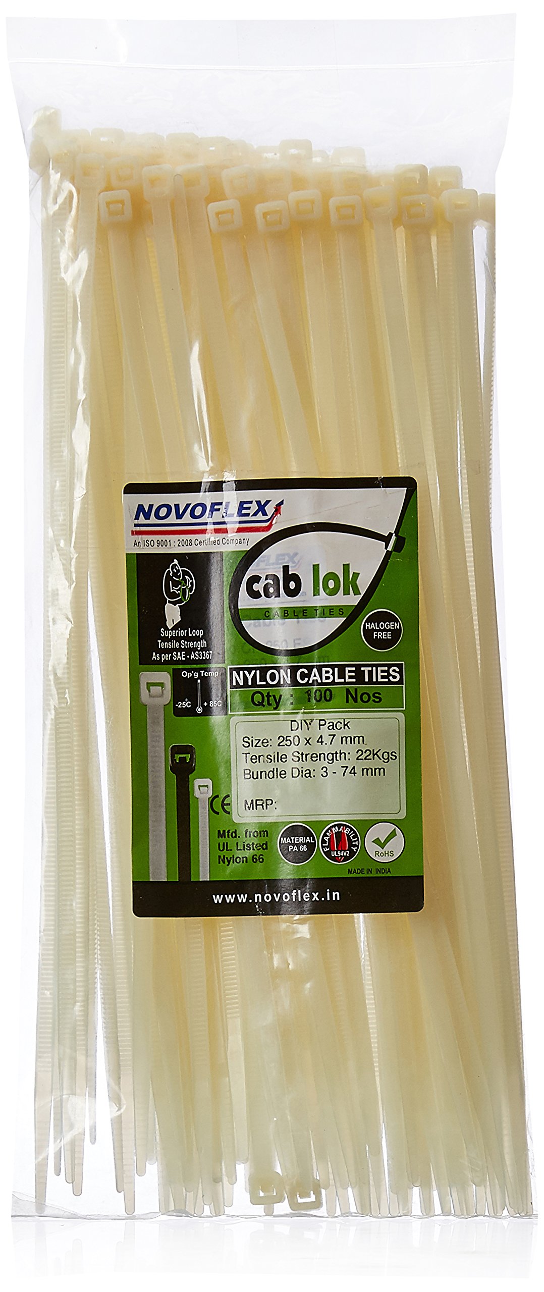 Novoflex CP 250 ES ,Cab Lok Nylon Cable Ties 250 x 4.7 mm Colour: Natural White ,Pack of 100, 10 Inch Tensile strength 22 kgf