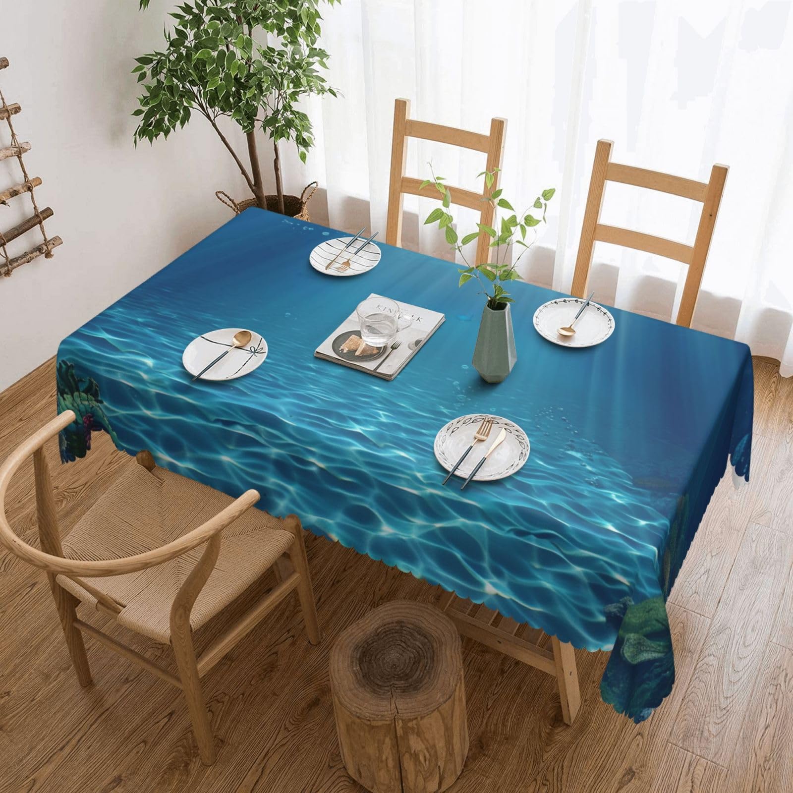 WPKJU Tranquil Underwater Scenery Printed Rectangle Tablecloth 72x54 Inch with Lace Trim, Water-Resistant Washable Table Cover for Farmhouse Weddings, Outdoor Picnics & Holiday Dining