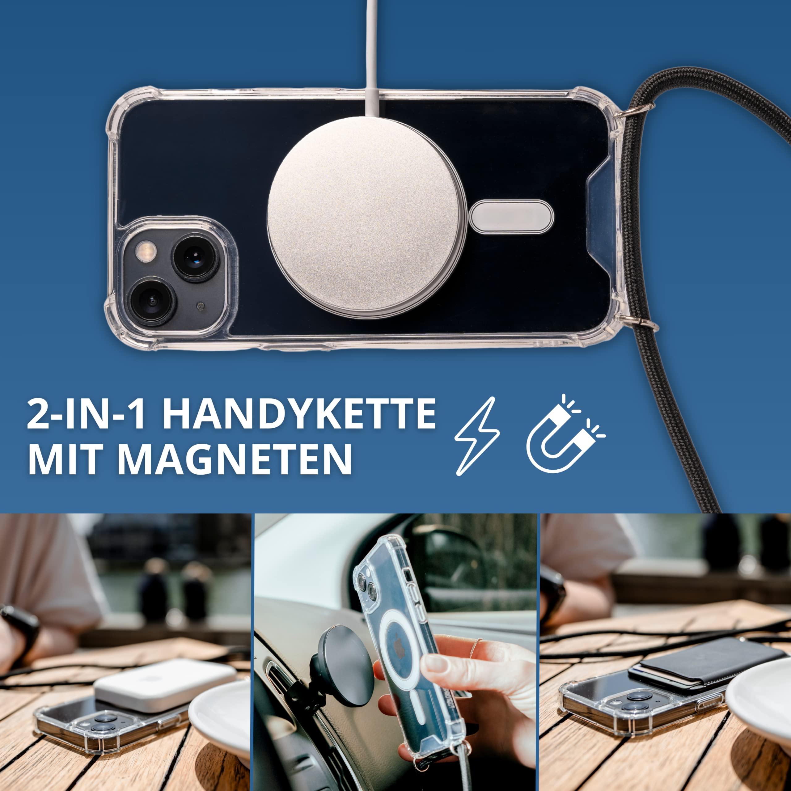 Custodia IPhone 13 Pro Con Cordino E Magnete MagSafe – Trasparente, Antishock, Con Catena Regolabile, Ricarica Wireless Compatibile
