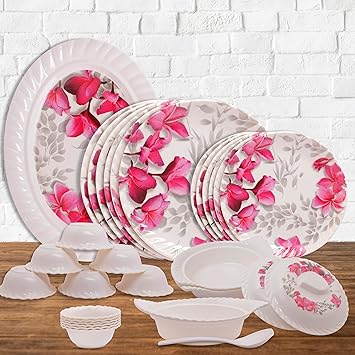 32 Pieces Melamine Dinner Set Royal Lehar, Stain Resistant, Beautiful Pink Floral Design Crockery Dinnerware in Exclusive Square Shape Set for Your Home Kitchen and Gifting