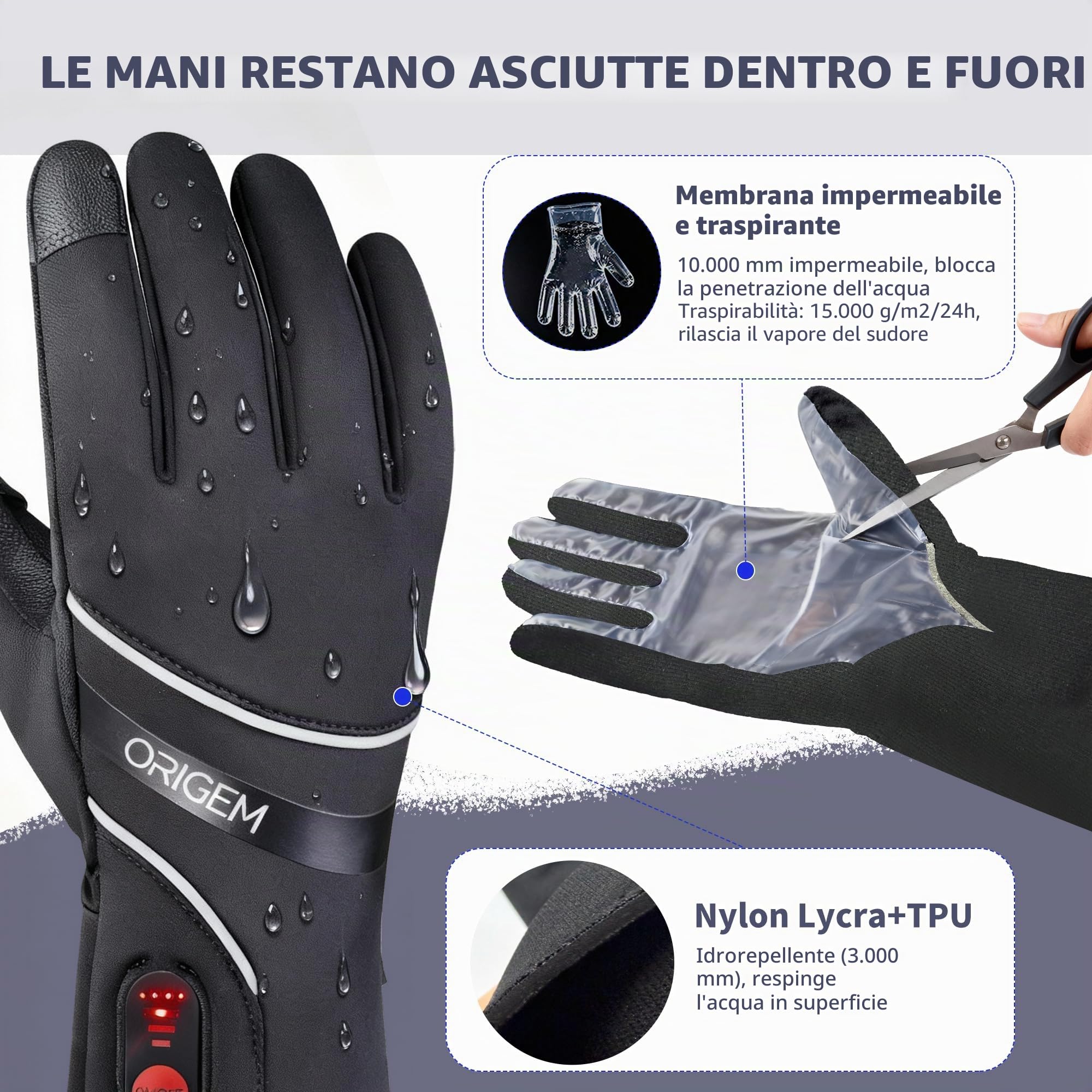 Origem Guanti Riscaldabili Moto Uomo Donna Ultrasottile, 6000mAh Batteria Ricaricabili, Invernali Termici Impermeabile Touchscreen Antiscivolo Riflettente Sottoguanti per Sci Bici Scooter Raynaud