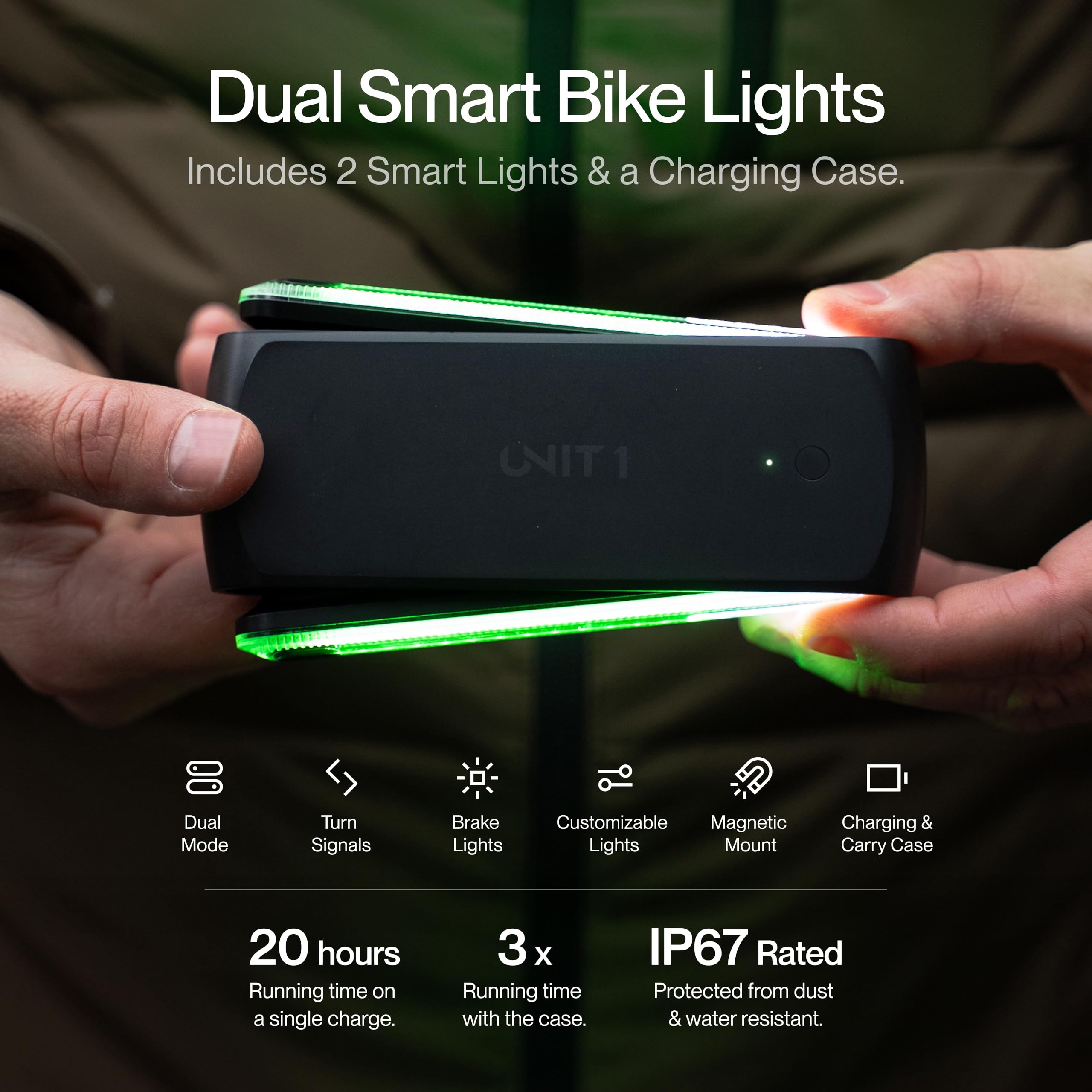 UNIT 1 Smart Lights Pro Dual | 2 Wireless LED Turn & Brake Lights with Charging Case | USB-C Rechargeable | Magnetic Mount | Nav Remote Compatible | App-Controlled via iOS & Android