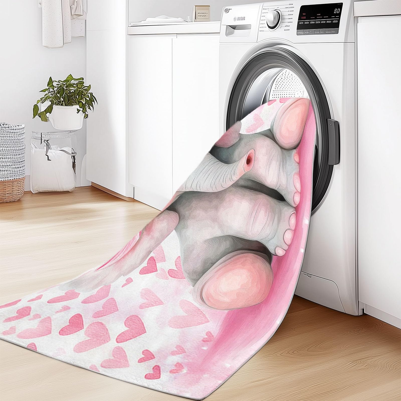 Generico Tappeto Nursery per Neonate, Morbido Pluche Antiscivolo per Bambine, XL, Elefante con Cuori Rosa Decorazione Gioco, 140 x 200 cm