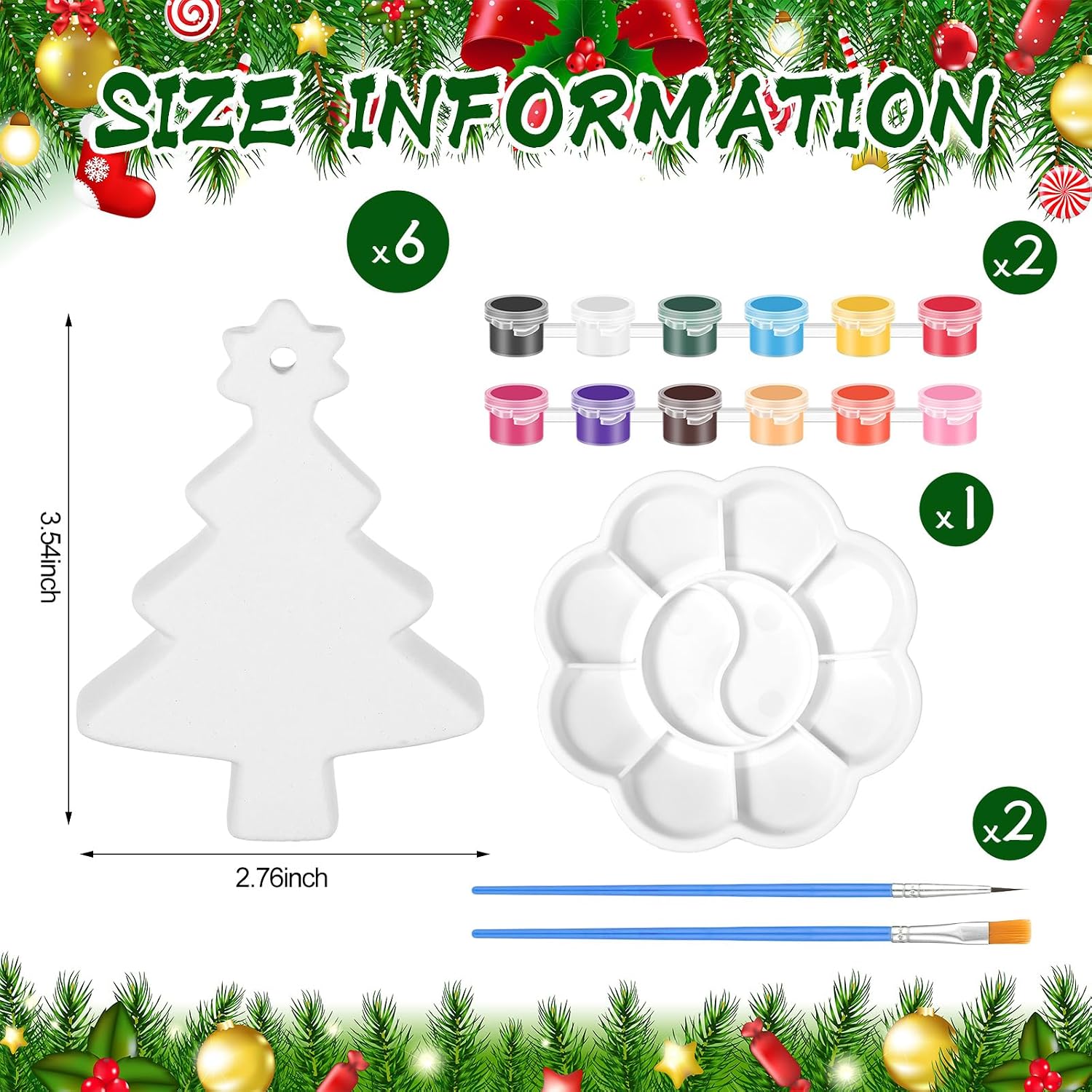 Eersida 11 Pcs Paint Your Own Ceramic Christmas Tree Ornament with Hanger 3D Figurines Christmas Tree Craft Set Include 6 Unpainted Xmas Decorations 2 Strips of Paints with 2 Brushes 1 Palette