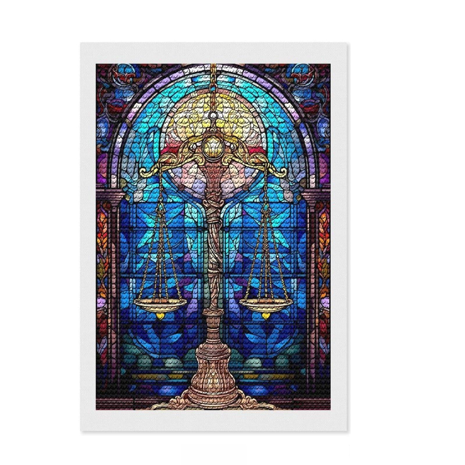 Junmoney Stained Glass Scales of Justice Full Drill Diamond Painting Kit 8"x12", for Adults, Good for Quiet Evenings, Farmhouse Decor, Holiday Gift Idea