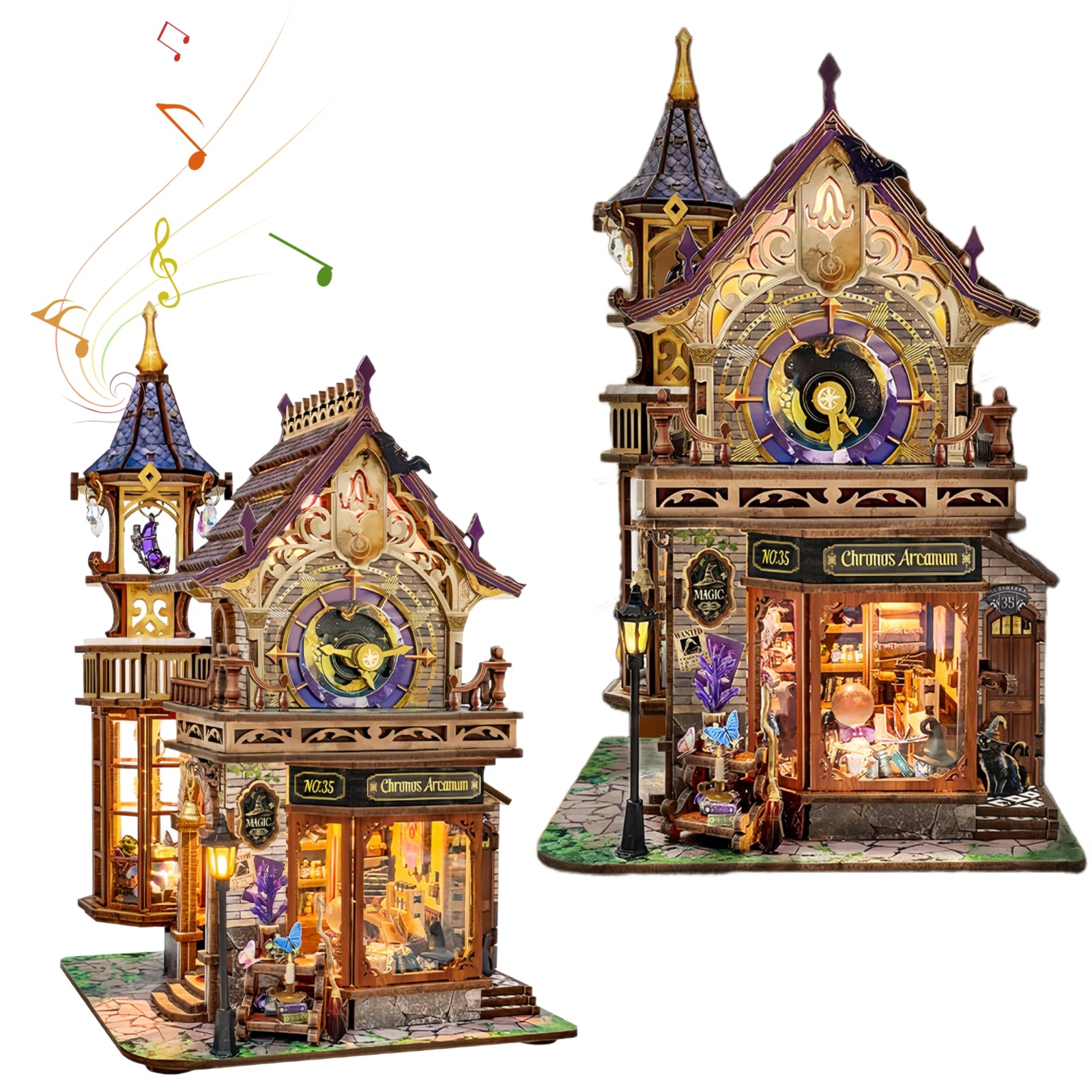 DIY Magic Time Society Miniature Model Kit, Fantasy Clock Tower Scene, with Music Box & Real Clock, 3D Assembly Ornament, Suitable for Adults