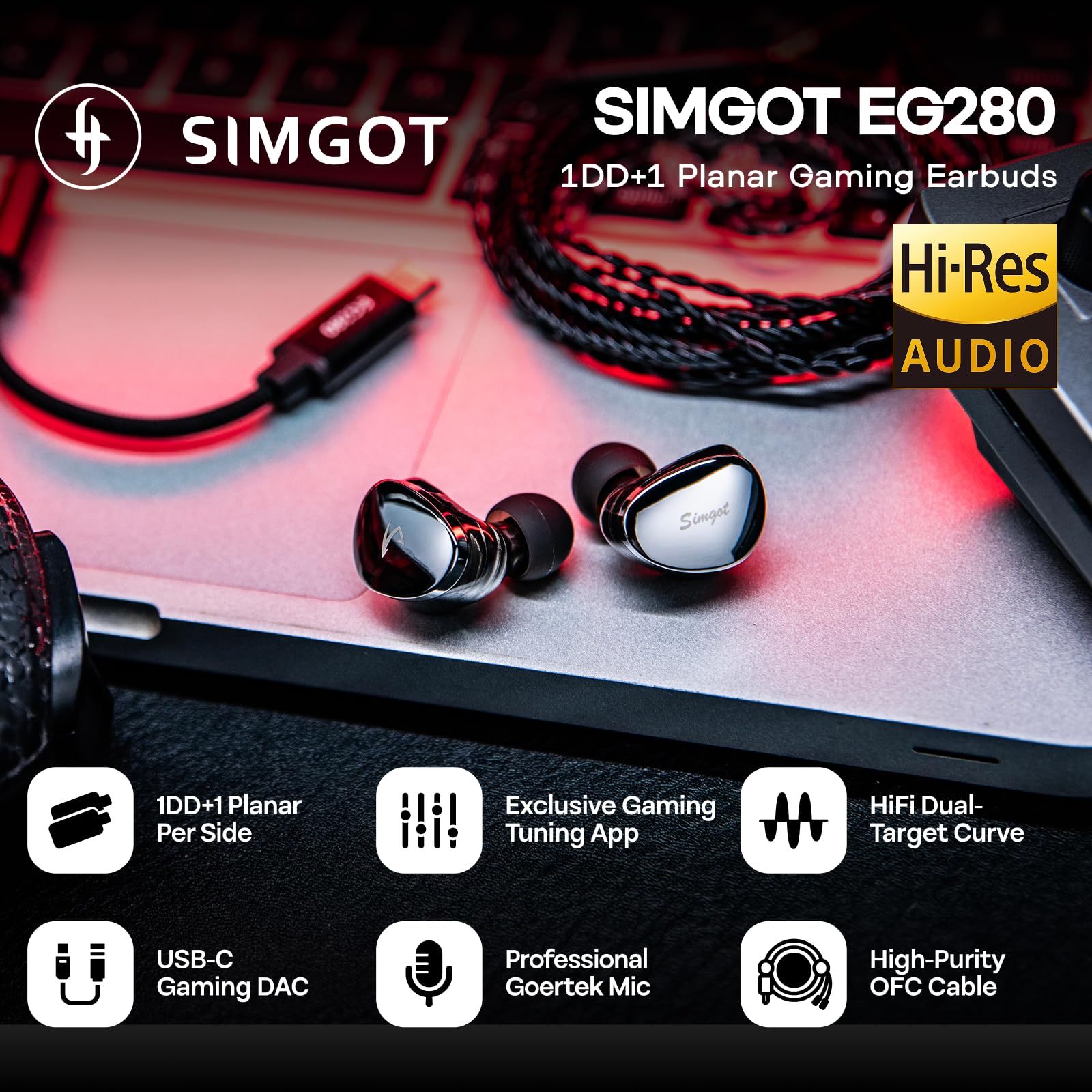 Linsoul SIMGOT EG280 In Ear Monitor, 1DD+1Planar HiFi IEM, Cuffie da Gaming con Microfono, Cavo OFC Staccabile da 1,7 metri con 2pin, con Adattatore USB-C, per Giochi FPS e Musicisti Audiophile