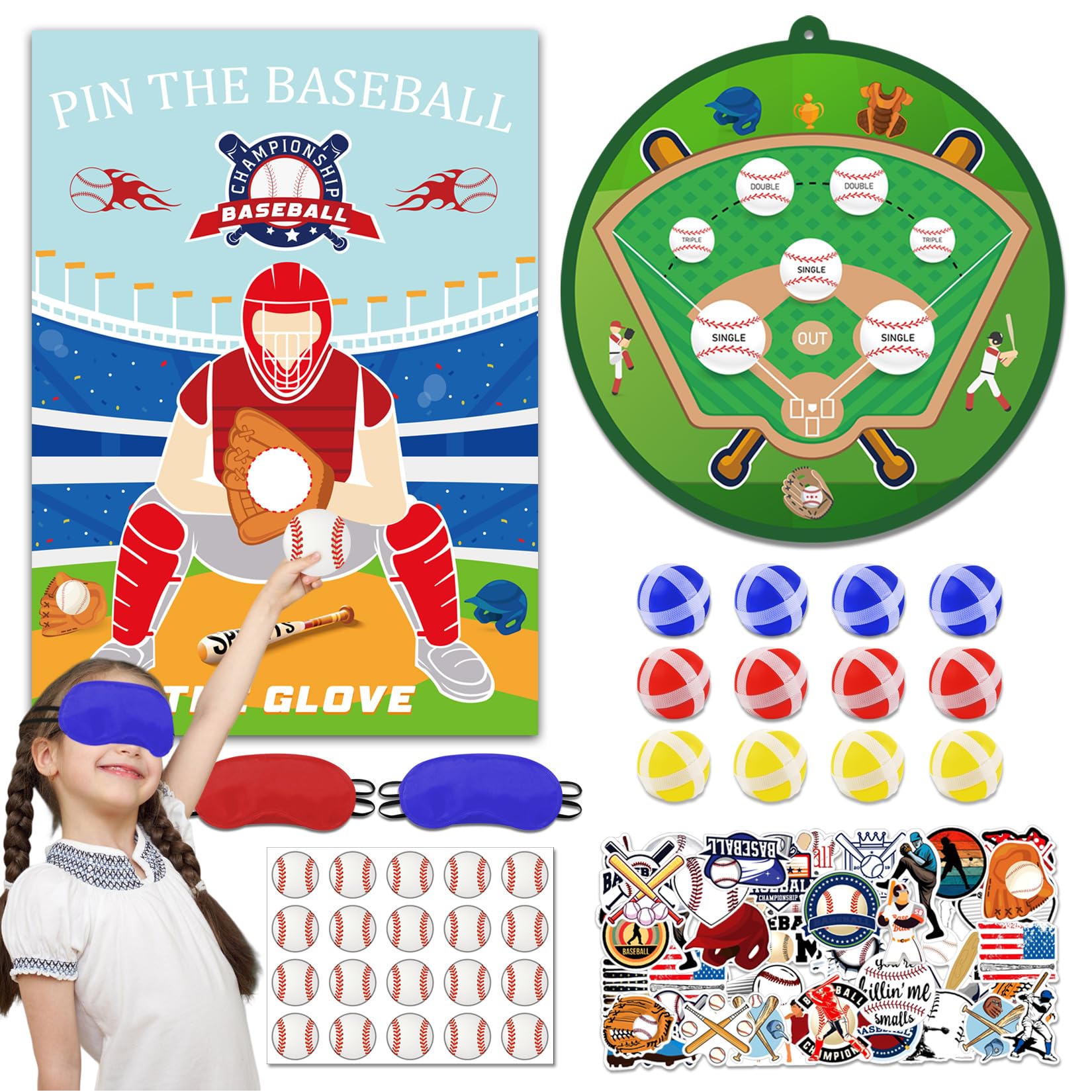 Baseball Party Game Set, Baseball Dart Board for Kids with 12 Sticky Balls & Pin The Baseball on The Glove Poster Game, Indoor Outdoor Multi-Player Sport Party Game