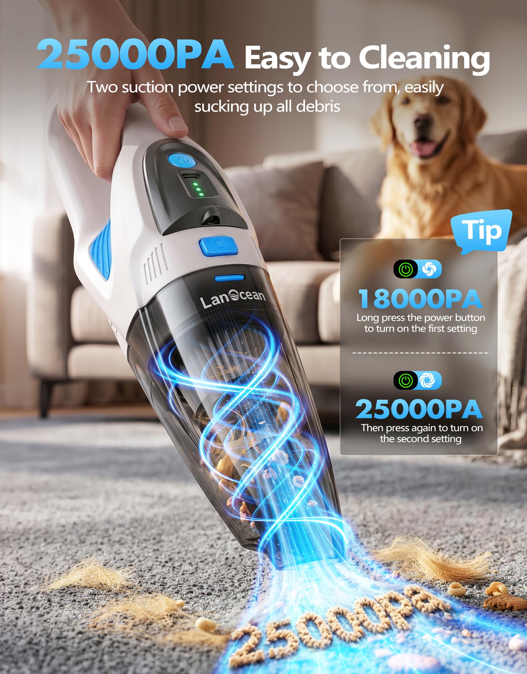 Aspirateur Voiture Puissant avec Station Recharge,25000Pa Aspirateur a Main | Humide&Sec Mini Aspirateur Voiture Sans Fil avec Éclairage LED|2 Filtre, 8000mAh 120W Aspirateur Portable pour Maison Cuisine