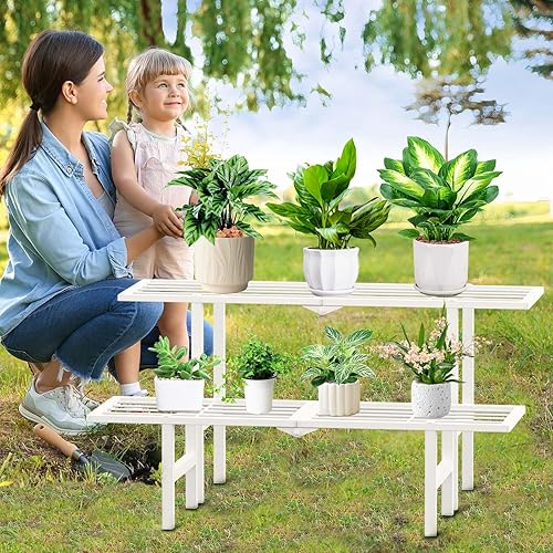 Miniatura 7 de Soporte de metal de 2 niveles para plantas para exteriores e interiores, estante plegable separado para plantas al aire libre, soporte de escalera