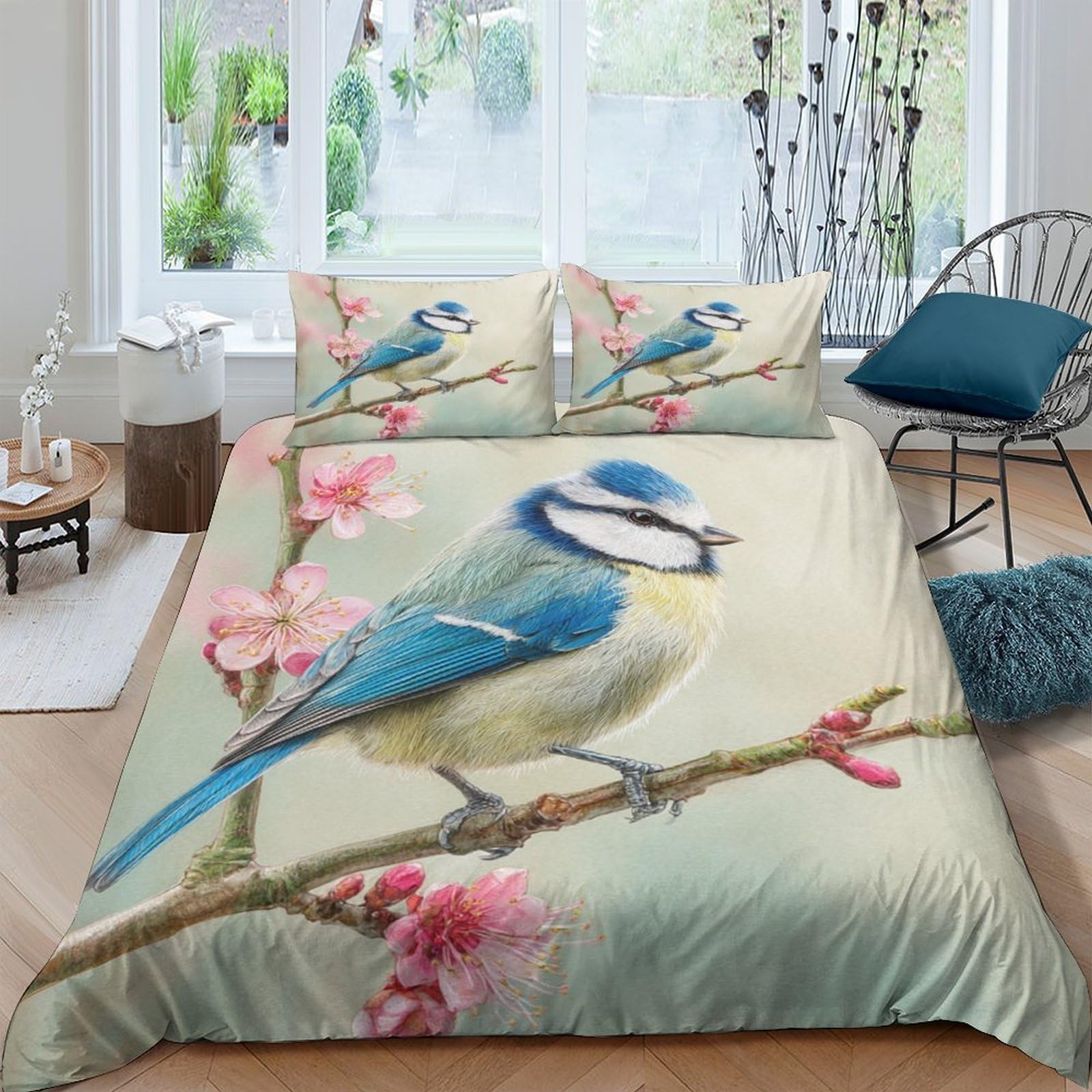 Ctjqhvkz Style-4 3D Printed Blue Tit Bird Fitted Sheet Microfiber Soft Peach Blossom Bed Cover For Bedroom Guest Room Decor Single（135X200cm）