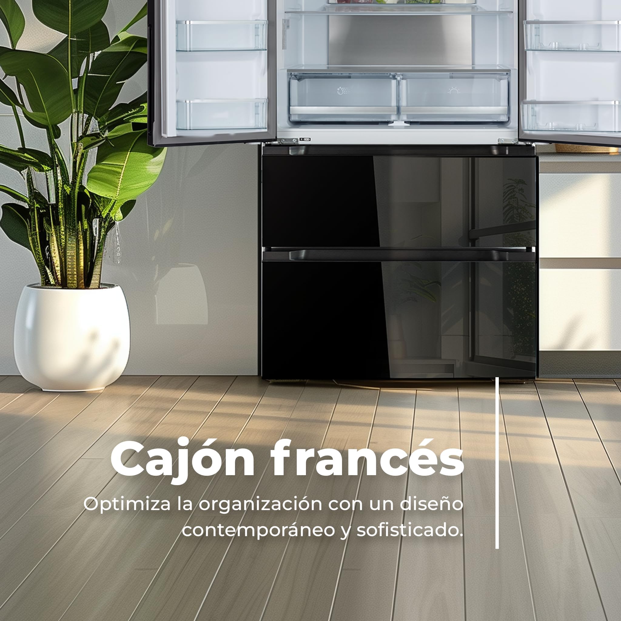 EVVO Frigorífico francés F80B Glass, 327l + 183l, Motor Inverter, Puerta de cristal, Total No Frost, Multi Air Flow, Freon Free, Negro (F80B Glass V2)