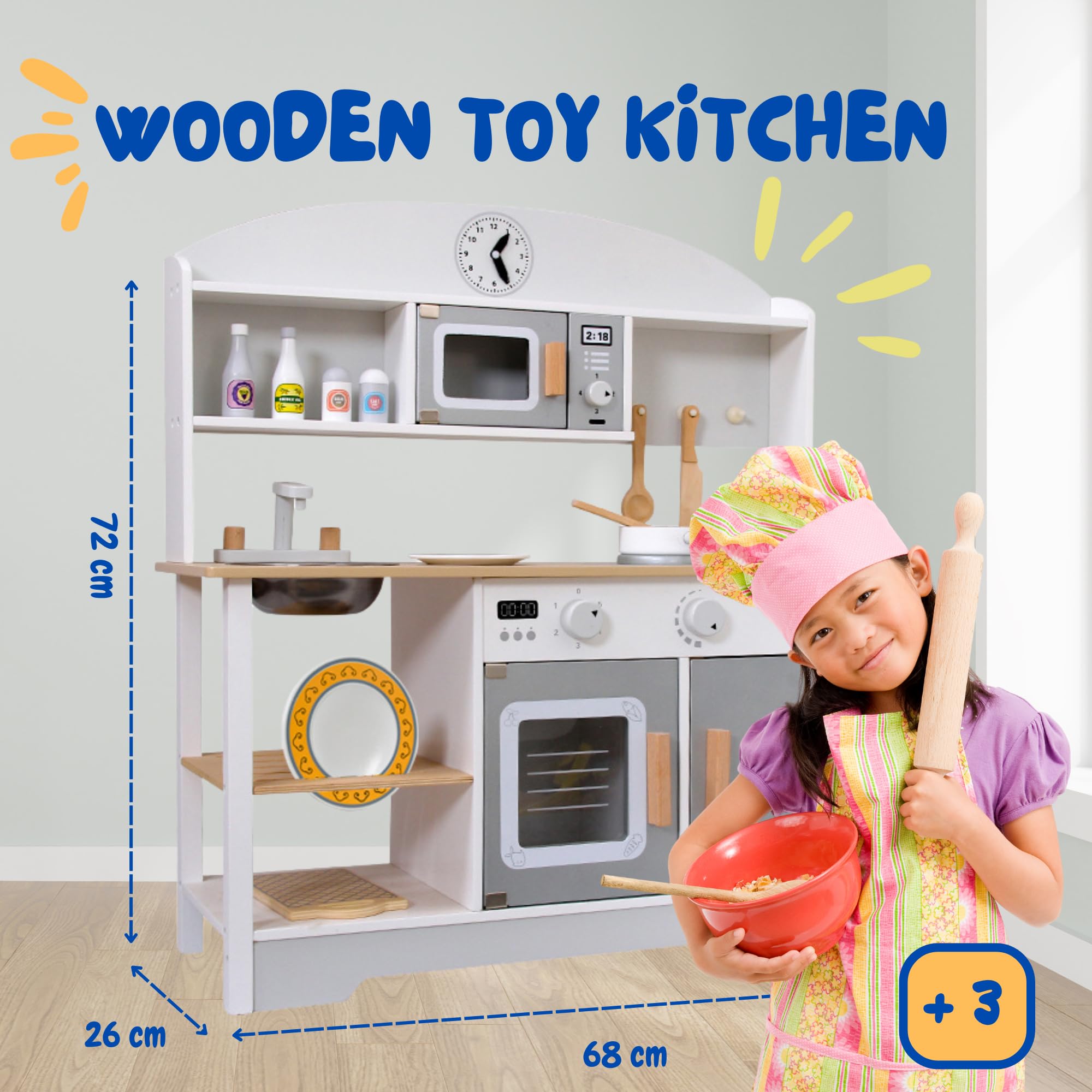 Cucina giocattolo in legno. Cucina giocattolo per bambini +3 anni, con forno, lavello, microonde, piano cottura e 12 accessori, gioco educativo Montessori (72x68x26 cm)