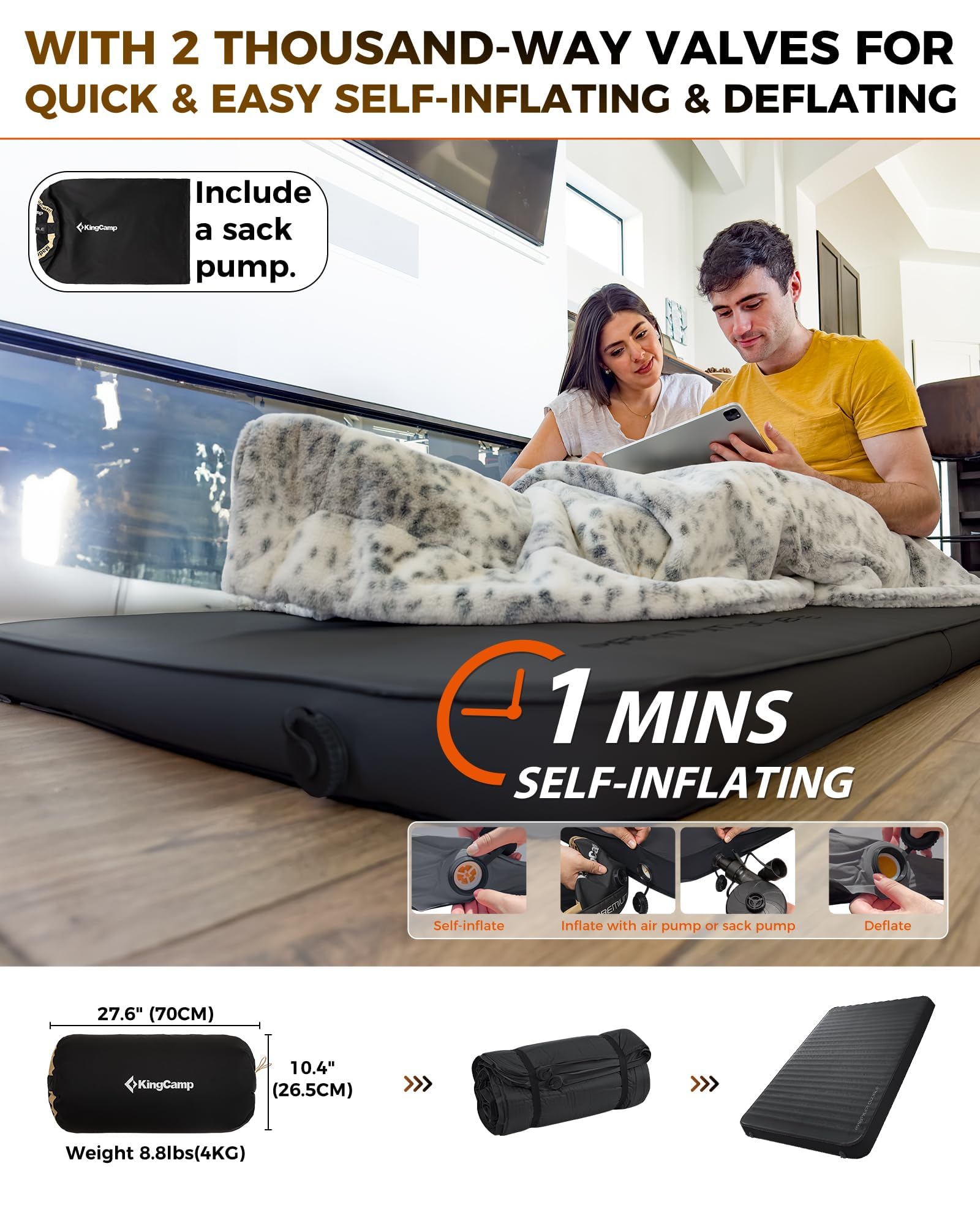 KingCamp Super Komfort Selbstaufblasende Doppelbett Campingmatratze Isomatte mit 3D-Konstruktion und Schaumstoffkern für 2 Personen 201 × 128 × 7.5 cm