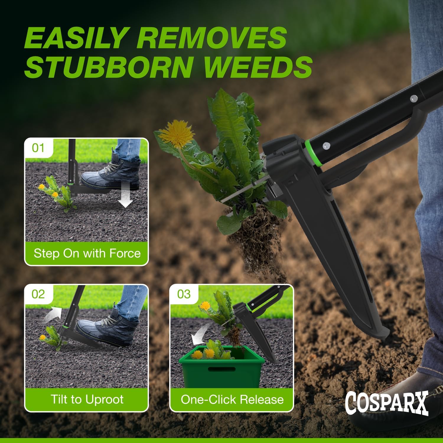 Weed Puller Tool with Long 43” Handle, No Bending, Easy Eject – Removes Weeds Effortlessly, Sturdy Foot Pedal & Lightweight Aluminum - 4-Claw Hand Weeding Tool