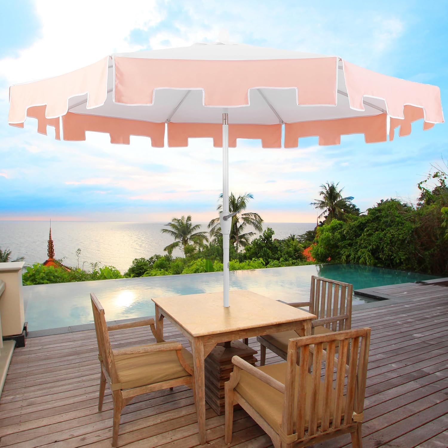 JONATHAN Y UMB1000C Baiona 9 ft. Classic MidCentury Market Patio Umbrella with UV Protection, Auto-Tilt, Crank and Wind Vent in White/Coral Pink - Image 2