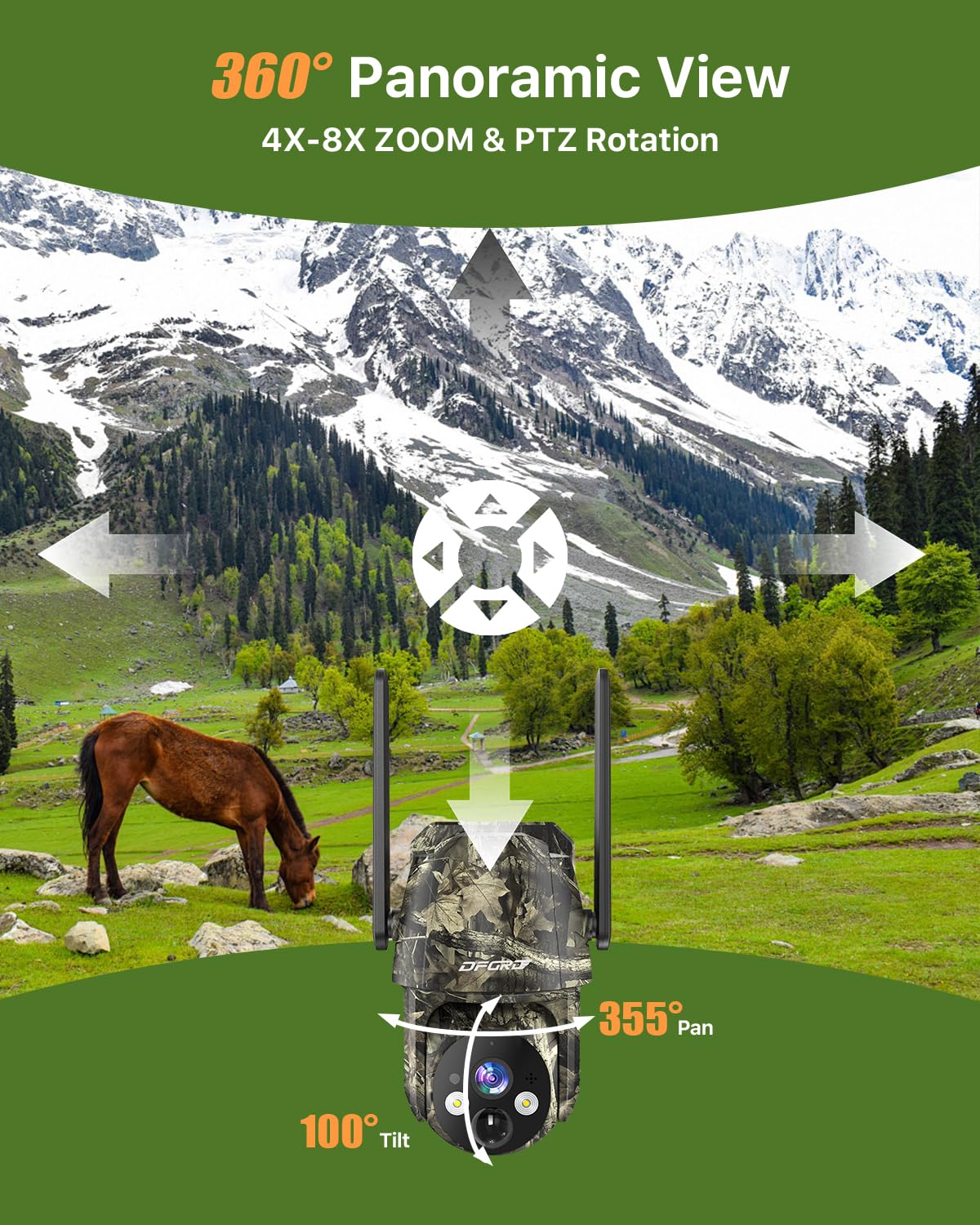 4G LTE Fototrappola con SIM e Scheda SD, 2K Telecamera Esterna con Pannello Solare Senza Fili, 360° PTZ Visione Notturna a Colori e Infrarossi, Rilevamento PIR, Audio 2 Vie, IP66