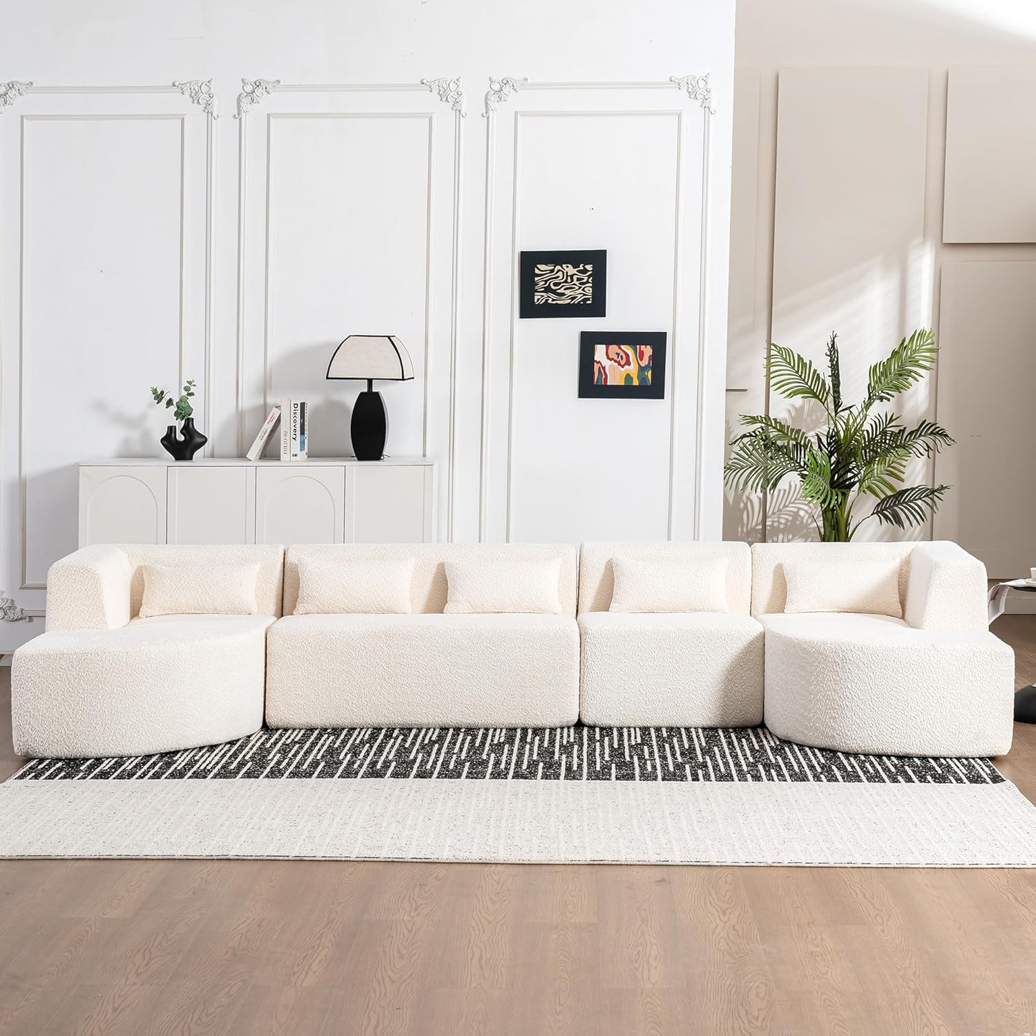 144-Inch Oversized U-Shaped Boneless Sectional Sofa 4 PCS Deep Seat Modular Boucle Upholstered Cloud Sofa Foam Couch W/2 Chaise Lounge, Armless Loveseat,Single Seater