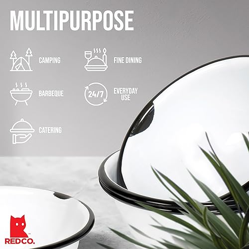 Miniatura 4 de Red Co. Juego de 4 cuencos redondos esmaltados de metal clásico de 20 onzas, borde blanconegro envejecido