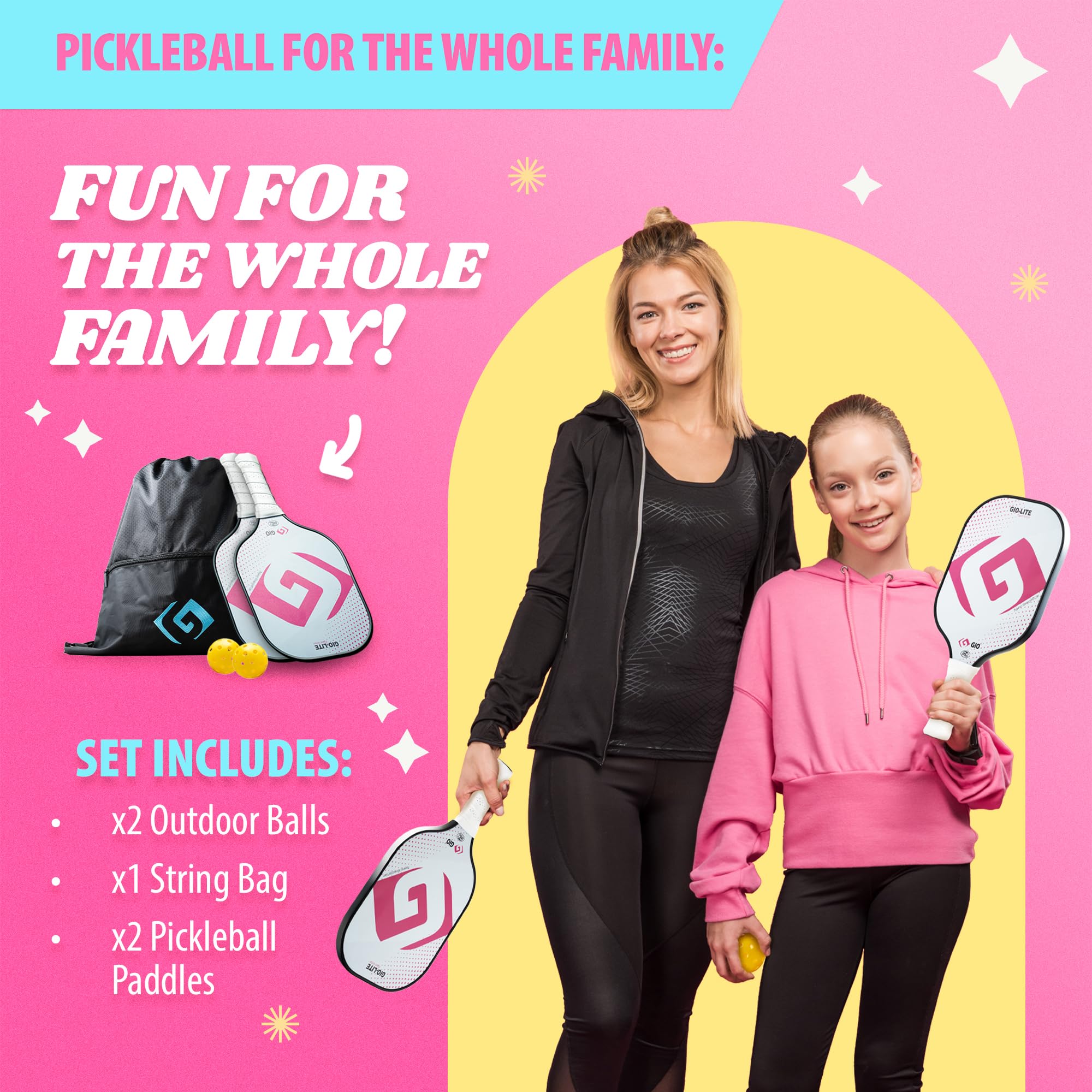 GIO Lite Series Pickleball-Set – 2 Carbon-Paddel, 4 Bälle (leise & Outdoor), Tasche, USAPA-zugelassen, Für Amateure