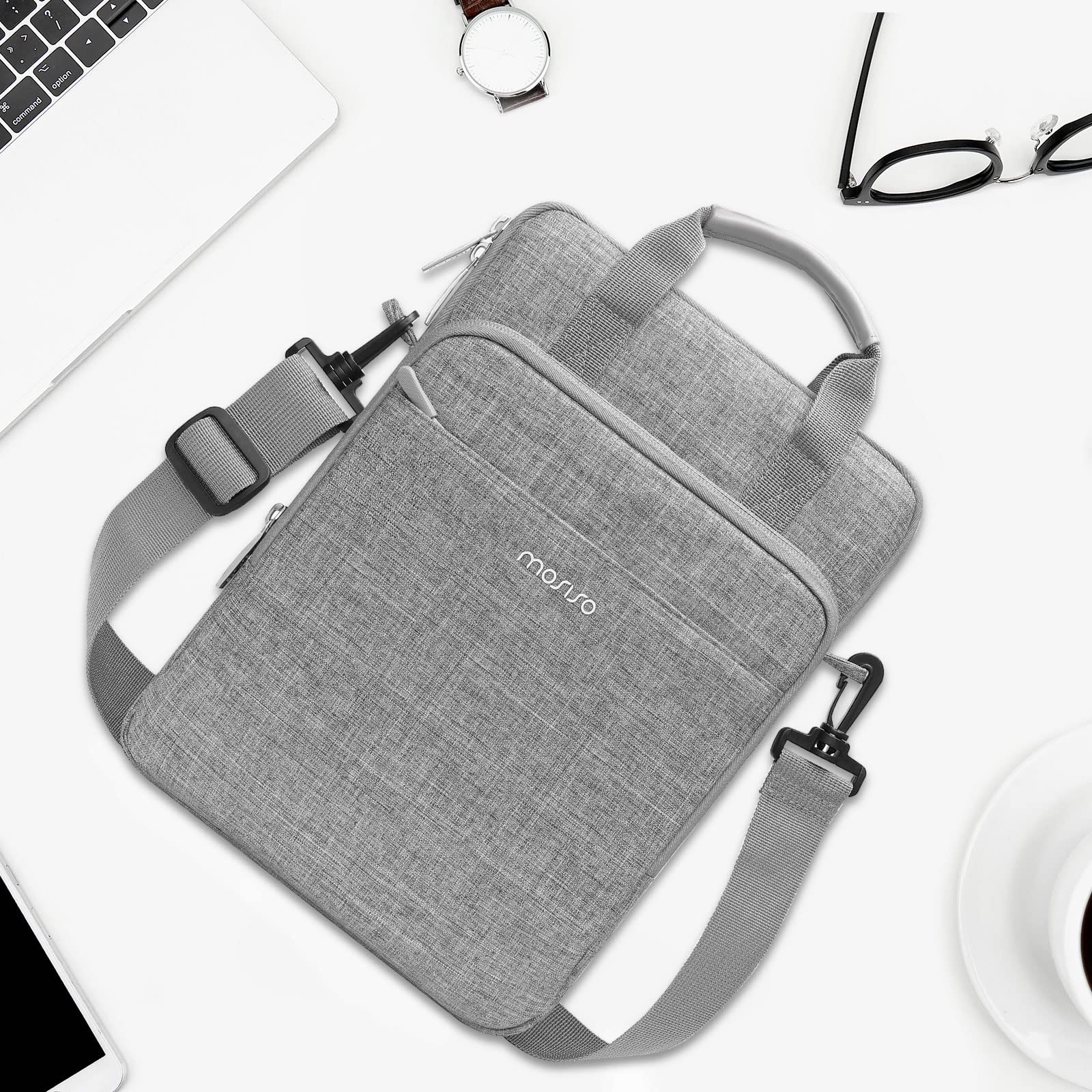 MOSISO Sacoche Vertical pour Tablette Compatible avec iPad Pro 12,9 Pouces M2 M1(6th/5th/4th/3rd) 2022-2018,Surface Pro 12,3 X/7/6/5/4/3/2/1,Sac à Bandoulière Surélevé Front&Poche Horizontale, Gris