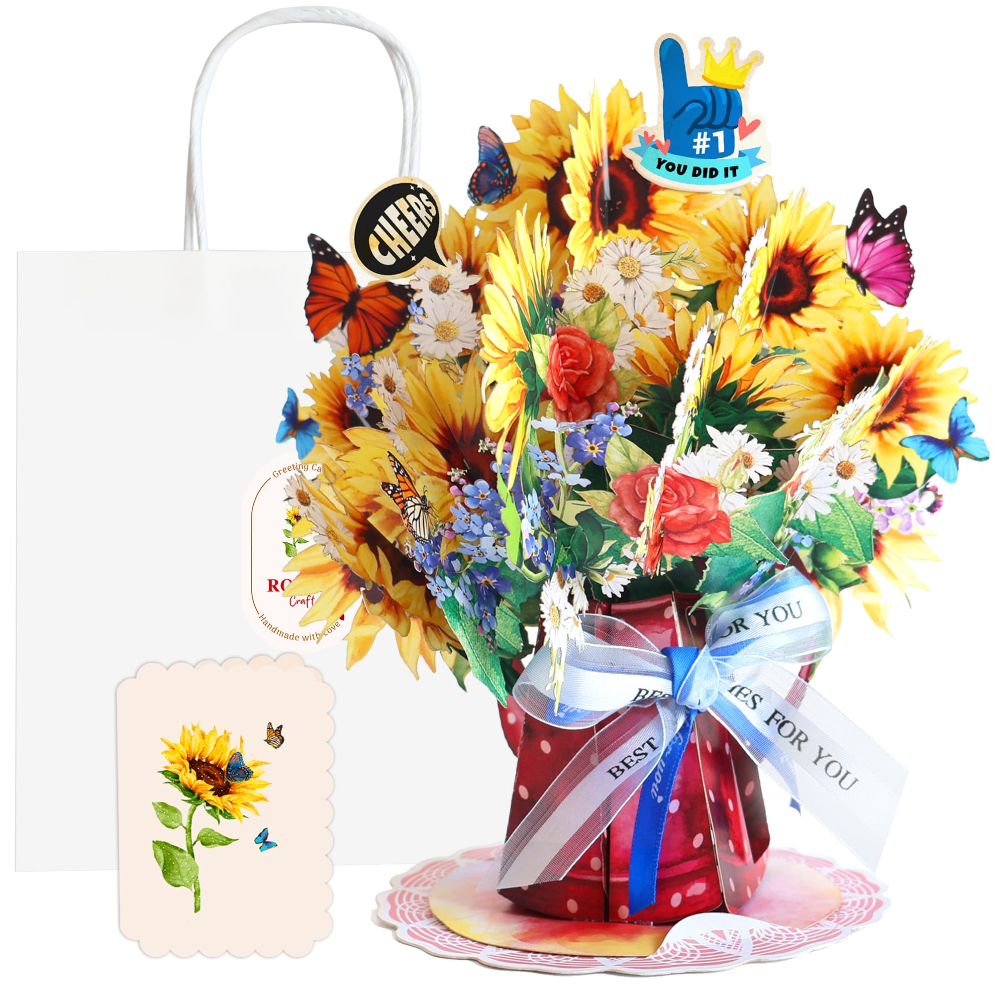 ROINUS Craft Sunflower Bouquet Pop Up Card – 3D Birthday Card for Mom – Mother’s Day Gift – Handmade Paper Flower Greeting Card – Thank You Card for